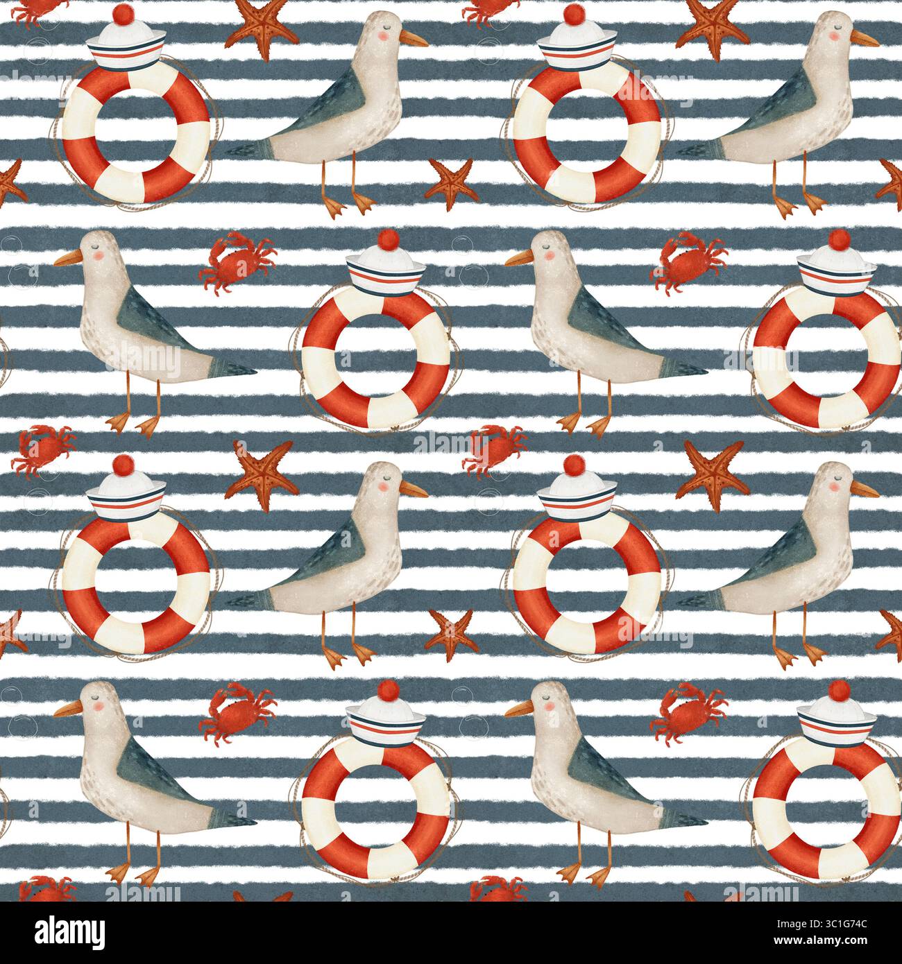 Niedliche Karikaturmöwen, rote und weiße Rettungsschwimmer, Matrosenhüte, rote Krabben und Seesterne. Hand gezeichnetes nahtloses Muster auf weißem und blauem gestreiftem Hintergrund zum Drucken auf Stoff und Papier. Stockfoto