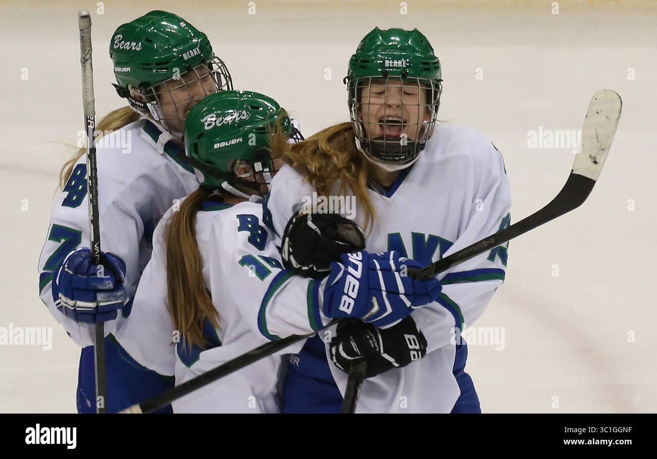 19. Februar 2014 - St. Paul, MN - Minnesota, USA - Girls High School Hockey Tournament, Xcel Energy Center, 19. Februar, Quarterfinale der Klasse 1A, Blake School vs. Alexandria. (Von links nach rechts) Blakes Jordan Chancellor und Phoebe Warner feierten mit Sylvie Wallin, nachdem sie in der 3. Periode einen Treffer erzielt hatte. Star Tribune Jordan Chancellor, Phoebe Warner, Sylvie Wallin/Roster. (Kreditbild: Bruce Bisping/Minneapolis Star Tribune/TNS via ZUMA Wire) Stockfoto