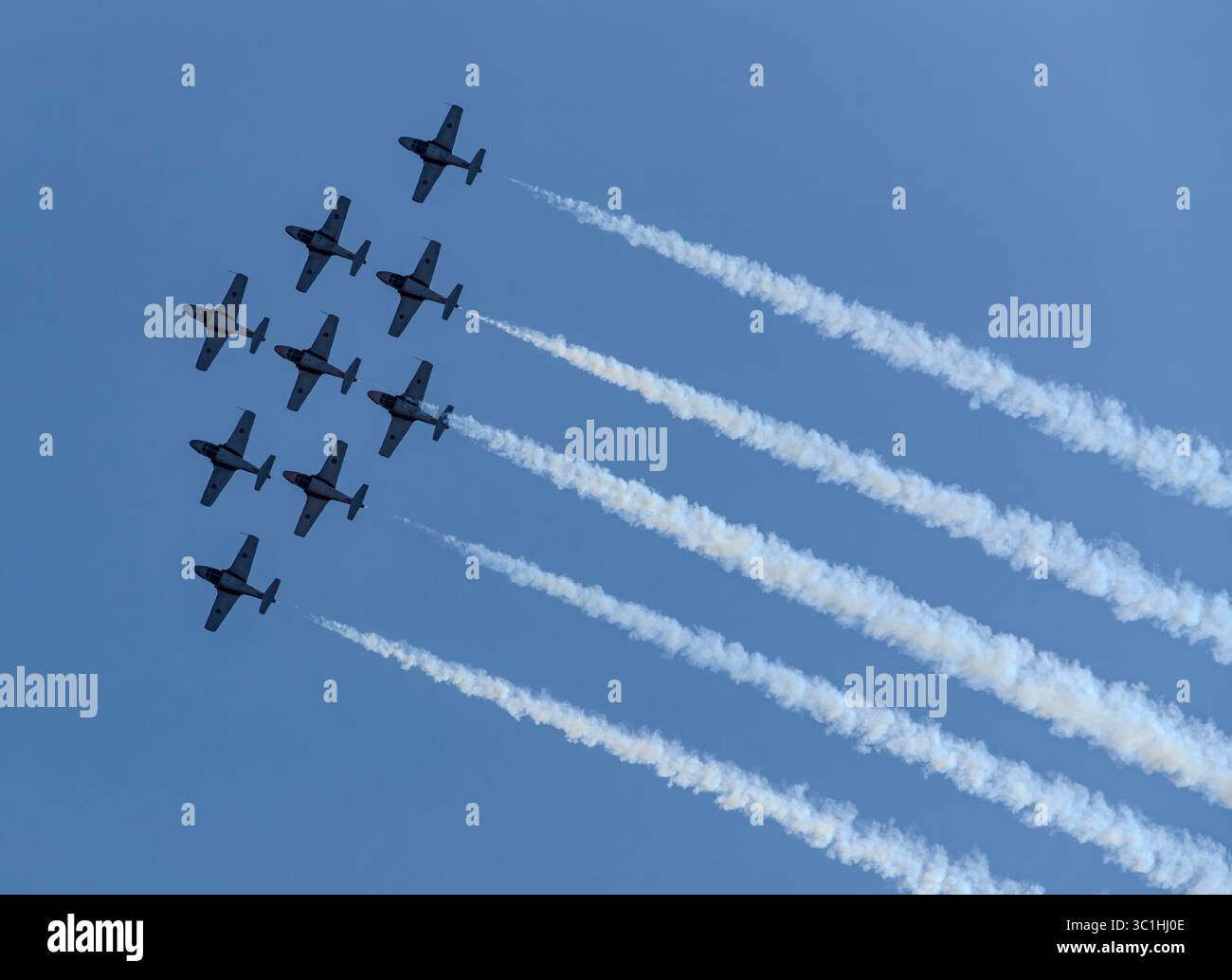 Die Royal Canadian Air Force Snowbirds 431 Demonstration Squadron tritt am 22. Juli 2025 in CT-114 Tutor-Flugzeugen über Victoria, British Columbia, auf. Stockfoto