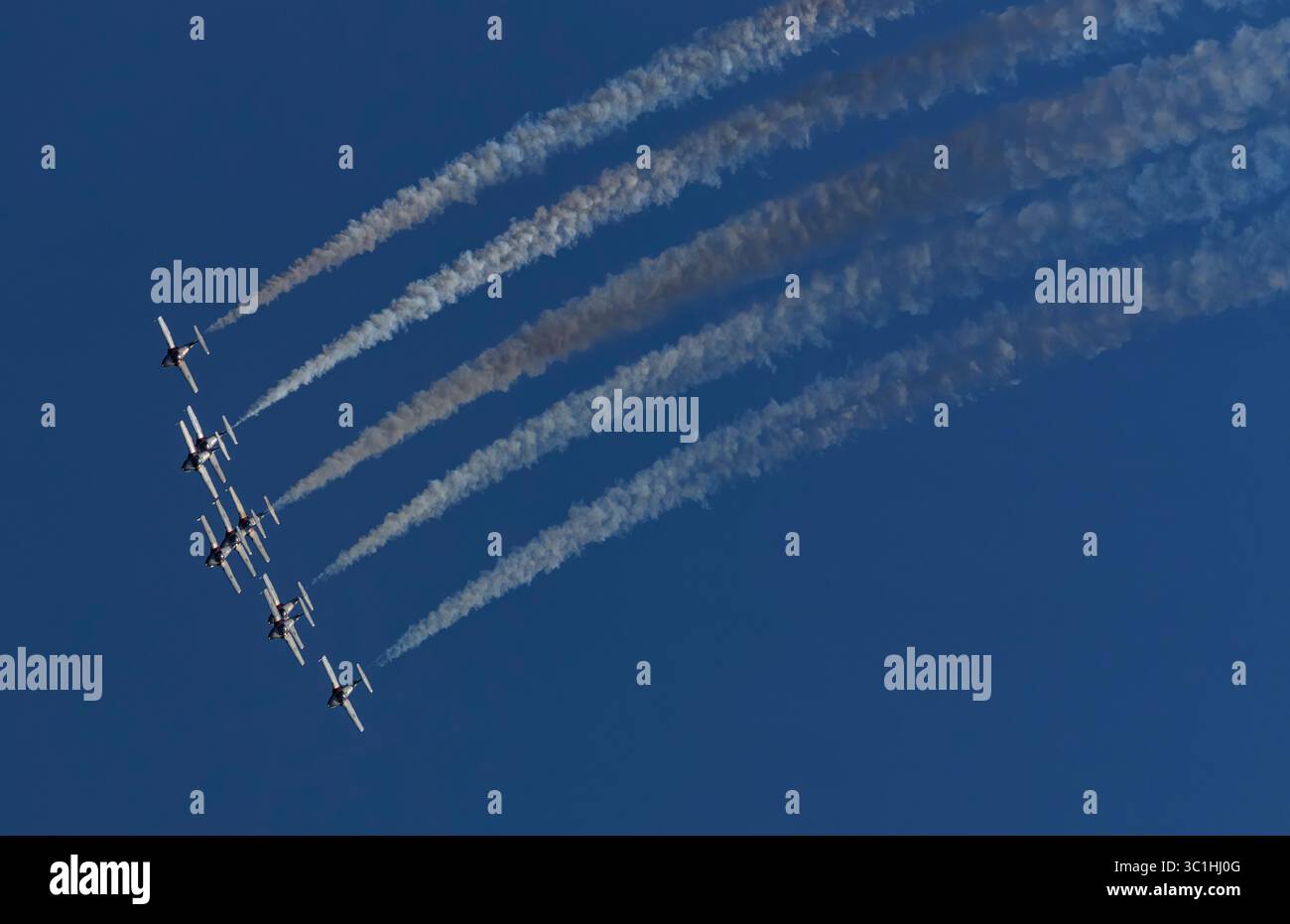 Die Royal Canadian Air Force Snowbirds 431 Demonstration Squadron tritt am 22. Juli 2025 in CT-114 Tutor-Flugzeugen über Victoria, British Columbia, auf. Stockfoto