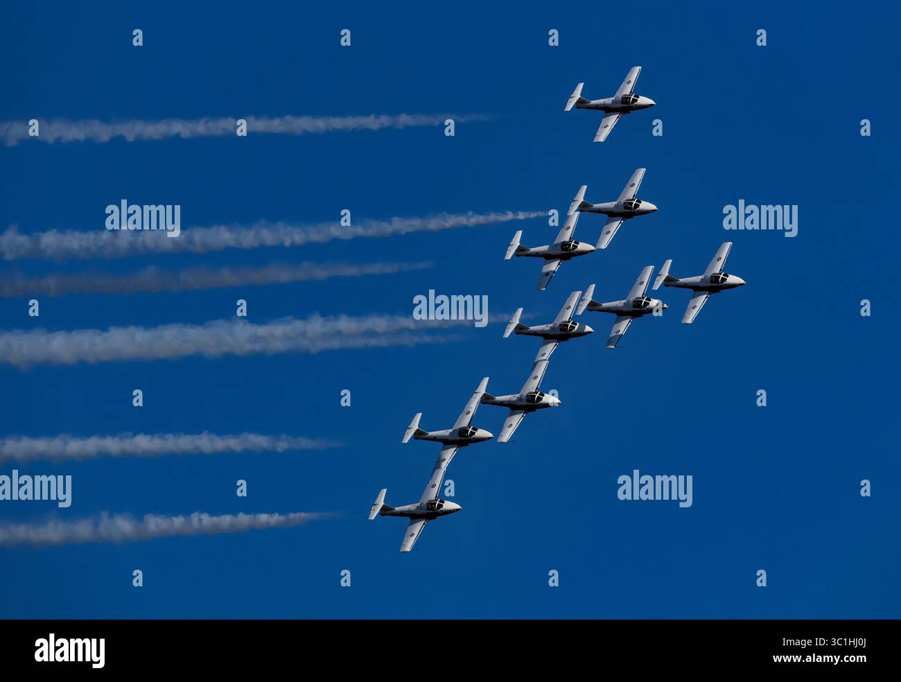 Die Royal Canadian Air Force Snowbirds 431 Demonstration Squadron tritt am 22. Juli 2025 in CT-114 Tutor-Flugzeugen über Victoria, British Columbia, auf. Stockfoto