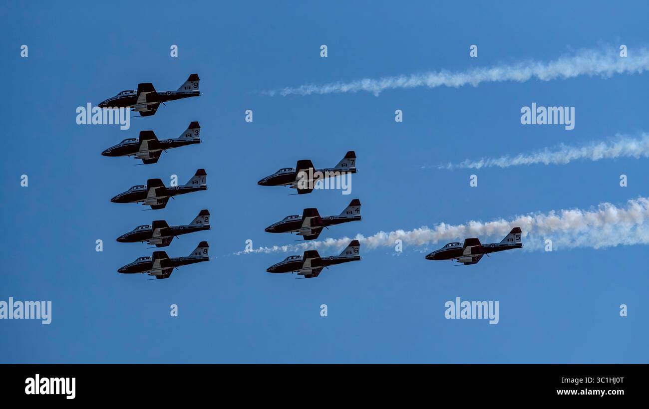 Die Royal Canadian Air Force Snowbirds 431 Demonstration Squadron tritt am 22. Juli 2025 in CT-114 Tutor-Flugzeugen über Victoria, British Columbia, auf. Stockfoto