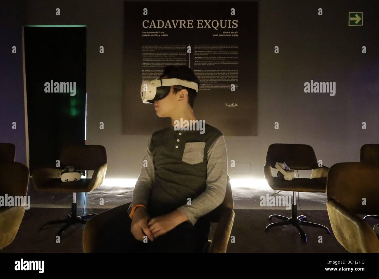 Nicht exklusiv: Eine Person nimmt an einer Führung während der Ausstellung Frida Kahlo: Das Leben einer Ikone Immersive Biographie im Espacio Alter Teil. Am 22. Juli 2025 in Stockfoto