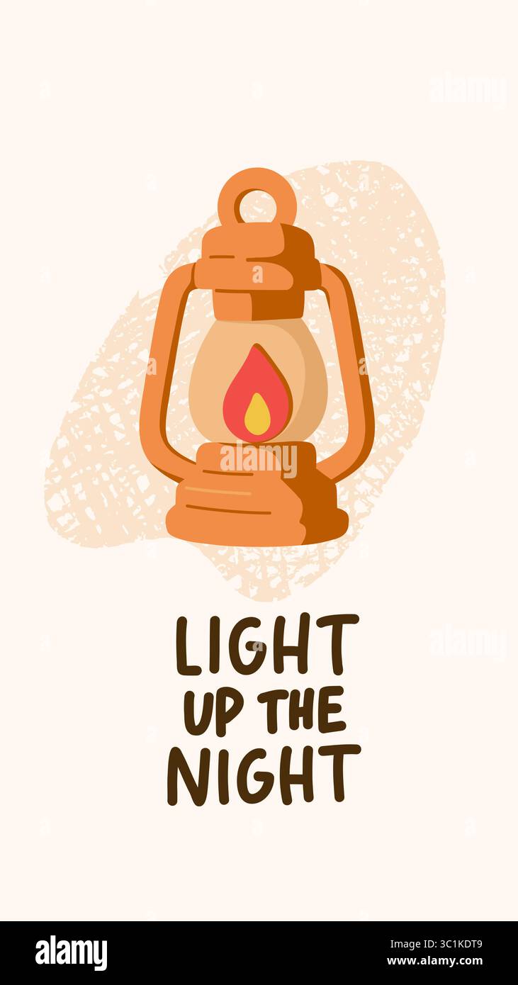 Vektor-Laterne Illustration mit dem Motivationszitat "Licht die Nacht". Perfekt für Camping, Wandern, Outdoor-Abenteuer und gemütliche Wildnis Stock Vektor