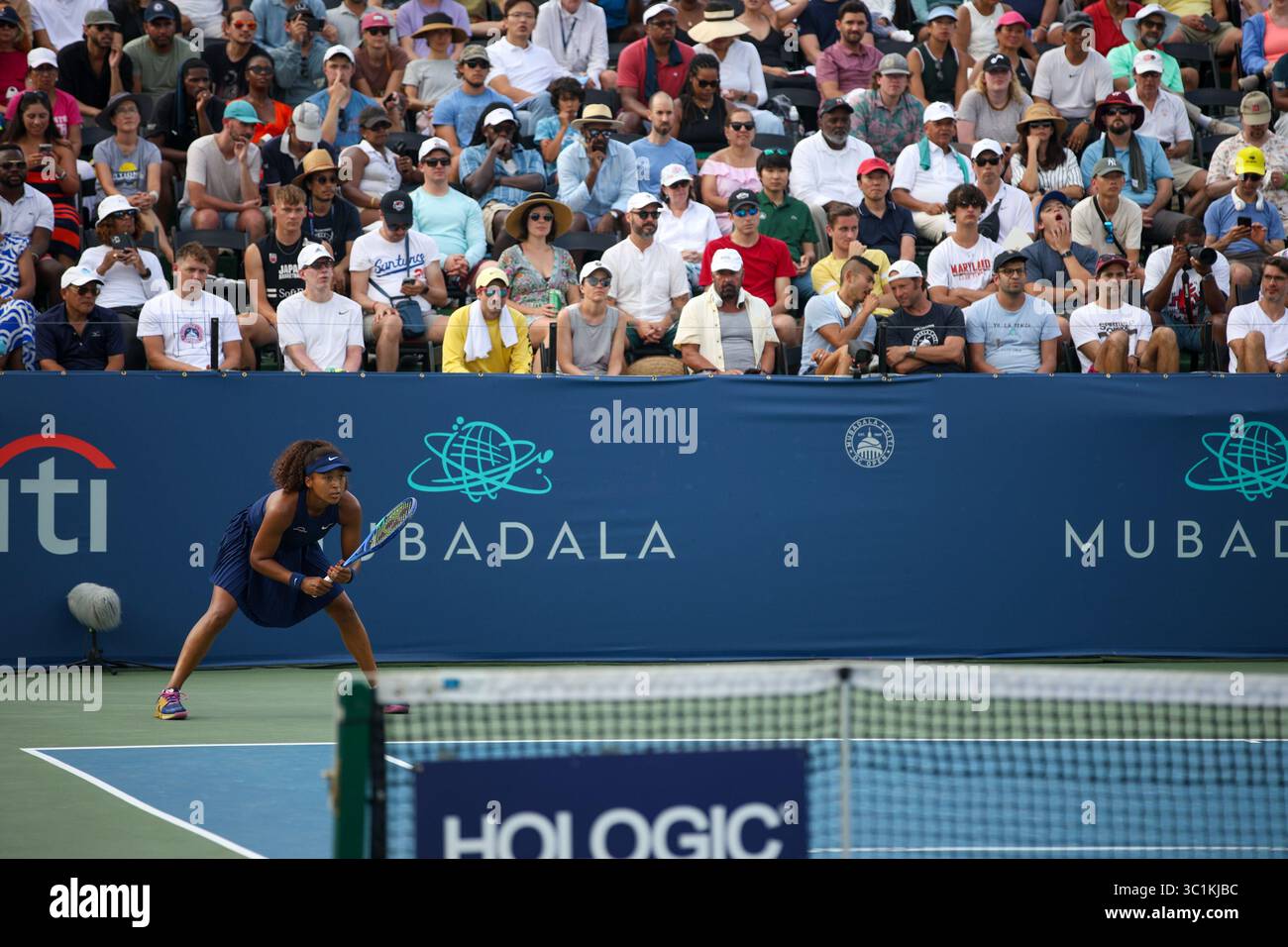 Washington, USA. Juli 2025. Naomi Osaka (JPN) während des 1. Runde-Spiels der Frauen gegen Yulia Putintseva (KAZ) bei den Mubadala DC Citi Open am Dienstag, den 22. Juli 2025. (Foto: Nick Piacente/SIPA USA) Credit: SIPA USA/Alamy Live News Stockfoto