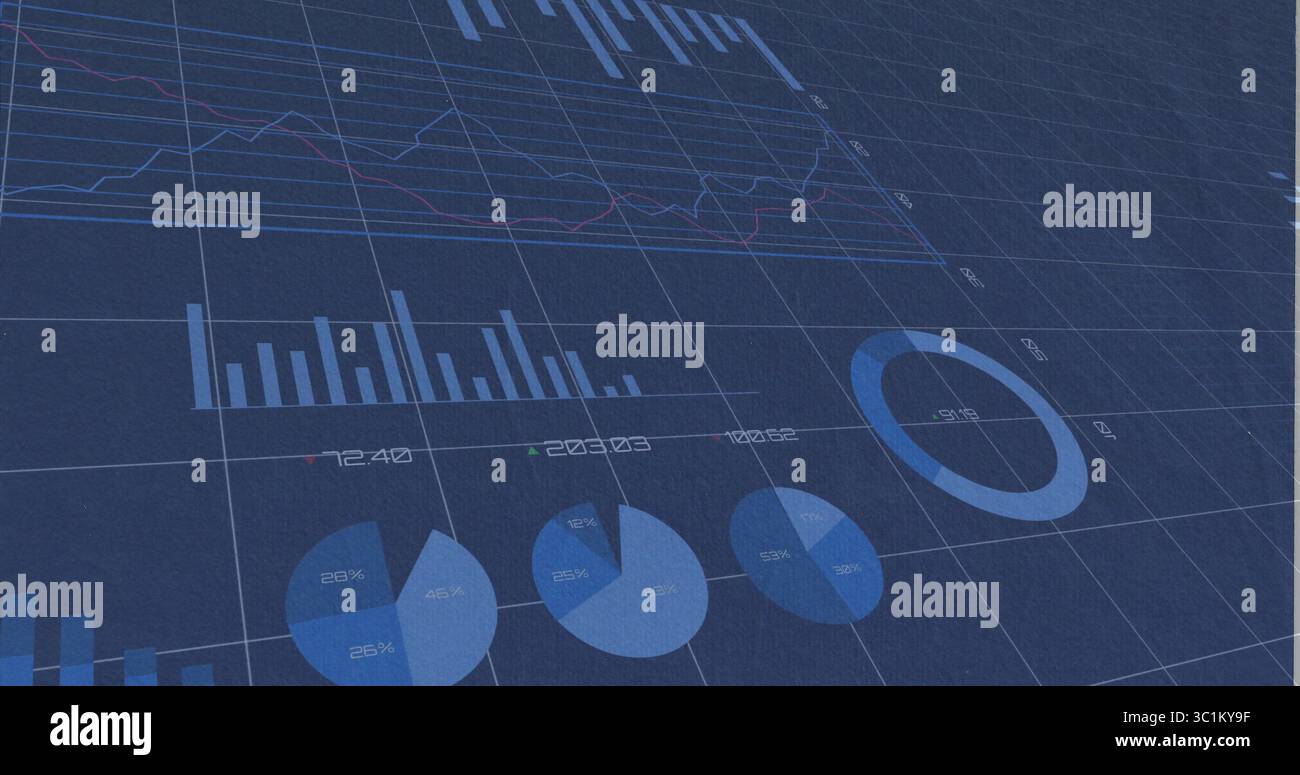 Anzeigen des Dashboards auf dem Monitor mit Balken- und Liniendiagrammen, Tortendiagrammen, Ringdiagrammen und numerischen Beschriftungen Stockfoto