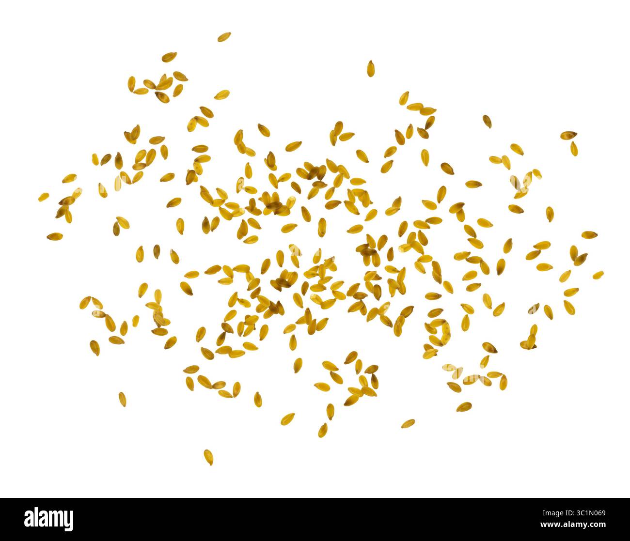 Verstreute Körner von Goldenem Flachs. Golden Flaxseeds hat sich chaotisch ausgebreitet. Weißer Hintergrund. Draufsicht. Natürliche pflanzliche Quelle von Omega-3 und Vitaminen. Stockfoto