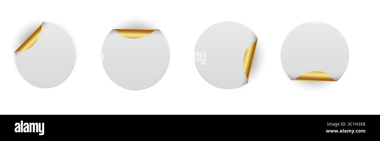 Weiße Papierkreise mit goldenen Ecken, die glänzende metallische Rückseite freigeben – leere runde Aufkleber mit gewellten Kanten. Premium-Label-Set für Designelemente für Branding, Preisgestaltung oder Werbemarketing. Stock Vektor