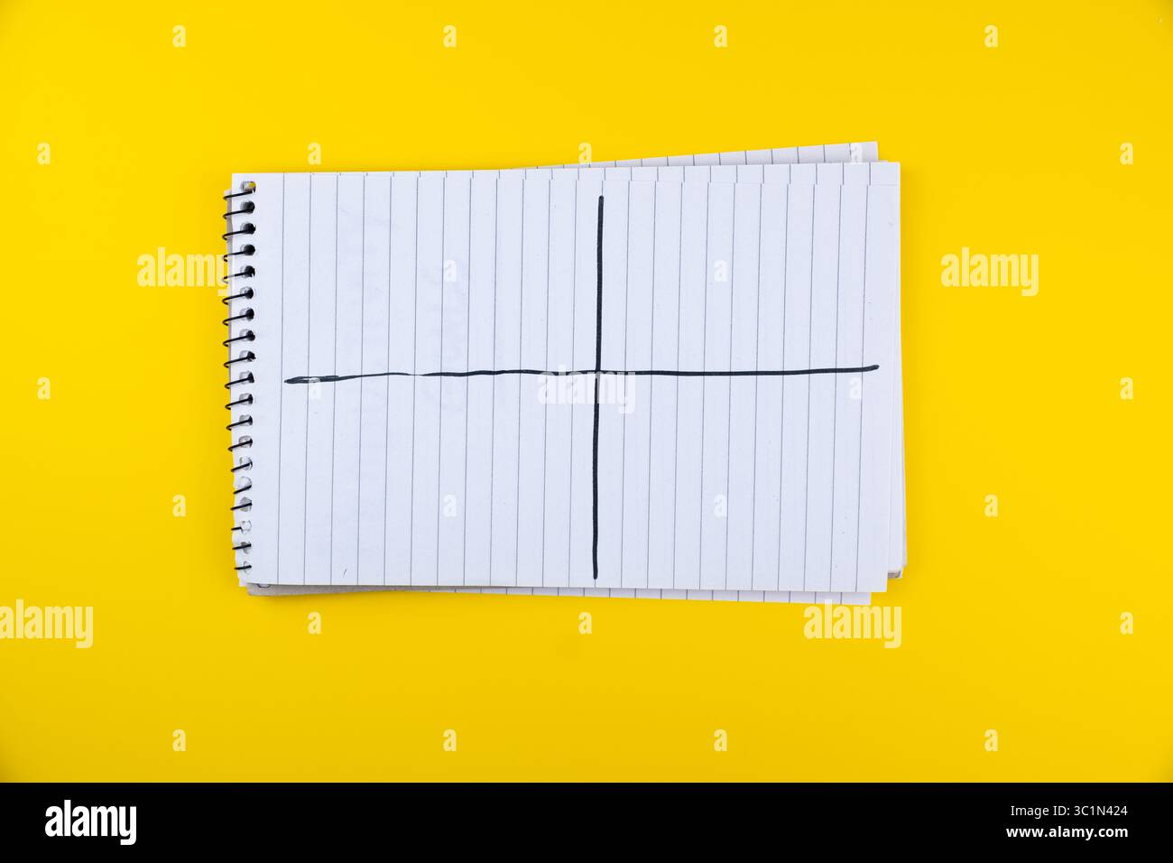 Spiralnotizbuch mit leeren Seiten und schwarzen Linien auf gelbem Hintergrund für persönliche Notizen oder Ideen zum Brainstorming, SWOT-Analyse im Notizblock Stockfoto