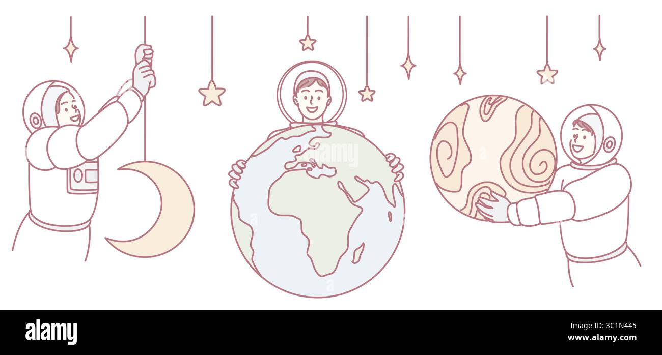 Eine fesselnde Illustration von Astronauten, die fröhlich den Mond, die Erde und einen farbenfrohen Planeten in einem Sternenhimmel halten Stock Vektor