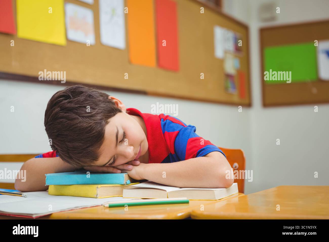 Junge im Schulalter, der auf einem Schulbuchstapel mit Bleistift und offenem Arbeitsbuch schläft Stockfoto