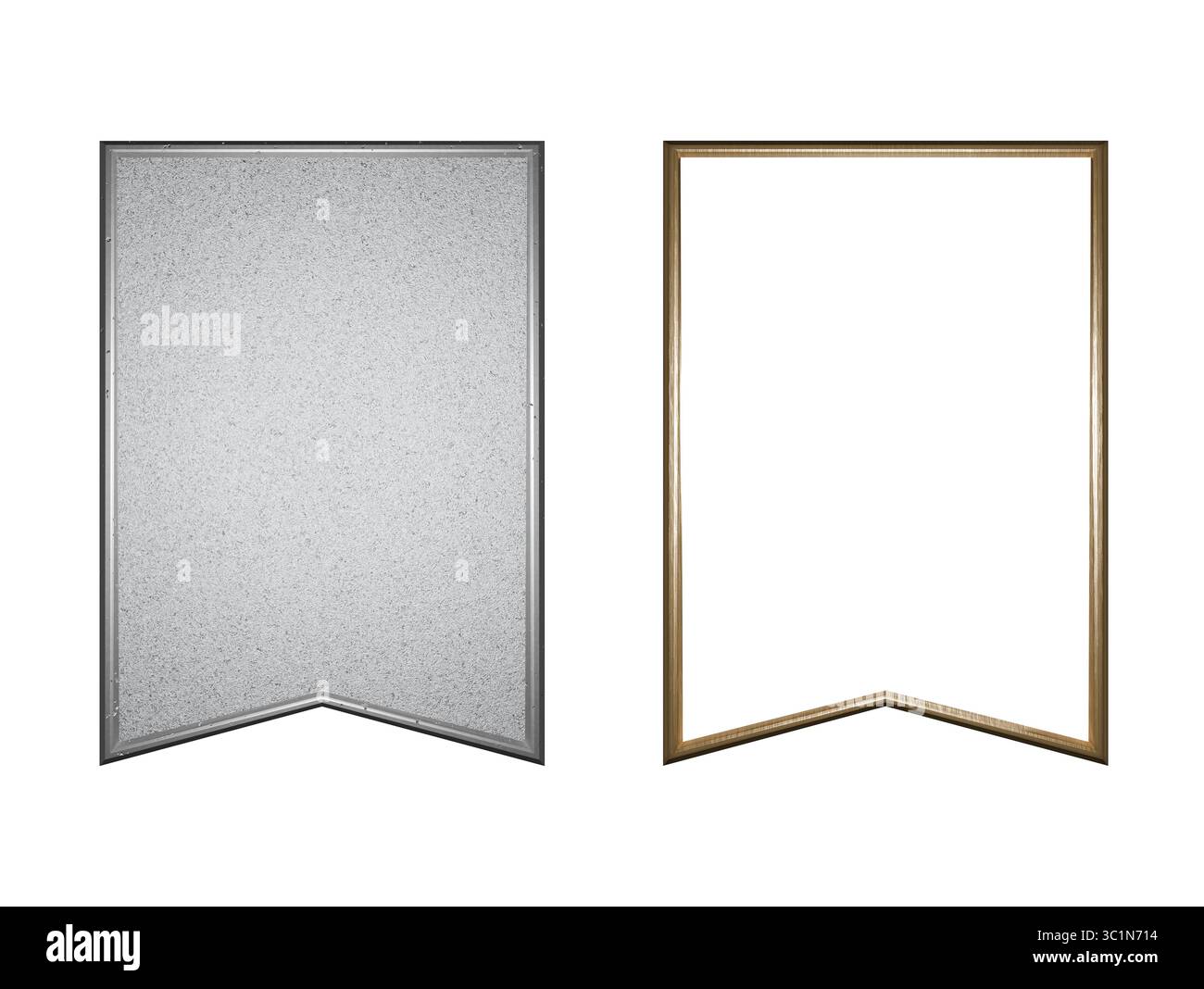 3D-Rendersatz mit vertikalen hängenden Bannerrahmen mit Metallic-Oberflächen, einschließlich silberfarbenen und goldfarbenen Umrissen. Ideal für digitale Werbung Stockfoto