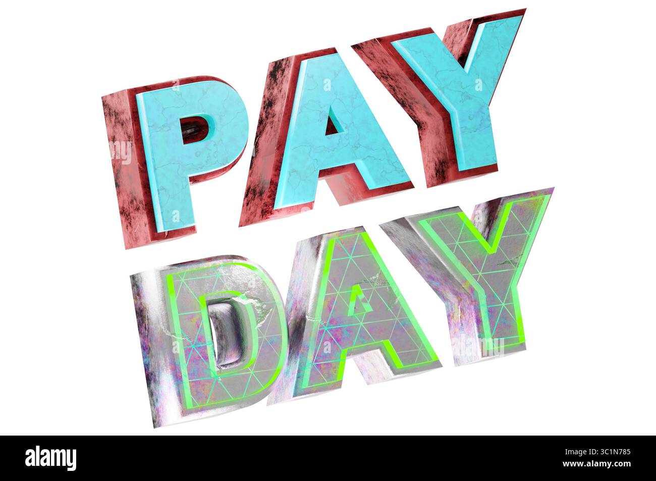Farbenfrohes 3D-Textdesign mit den Worten „PAY DAY“ in kräftigem, lebendigem und strukturiertem Stil auf weißem Hintergrund, perfekt für Werbeaktionen, Vertrieb, Finanzen usw. Stockfoto