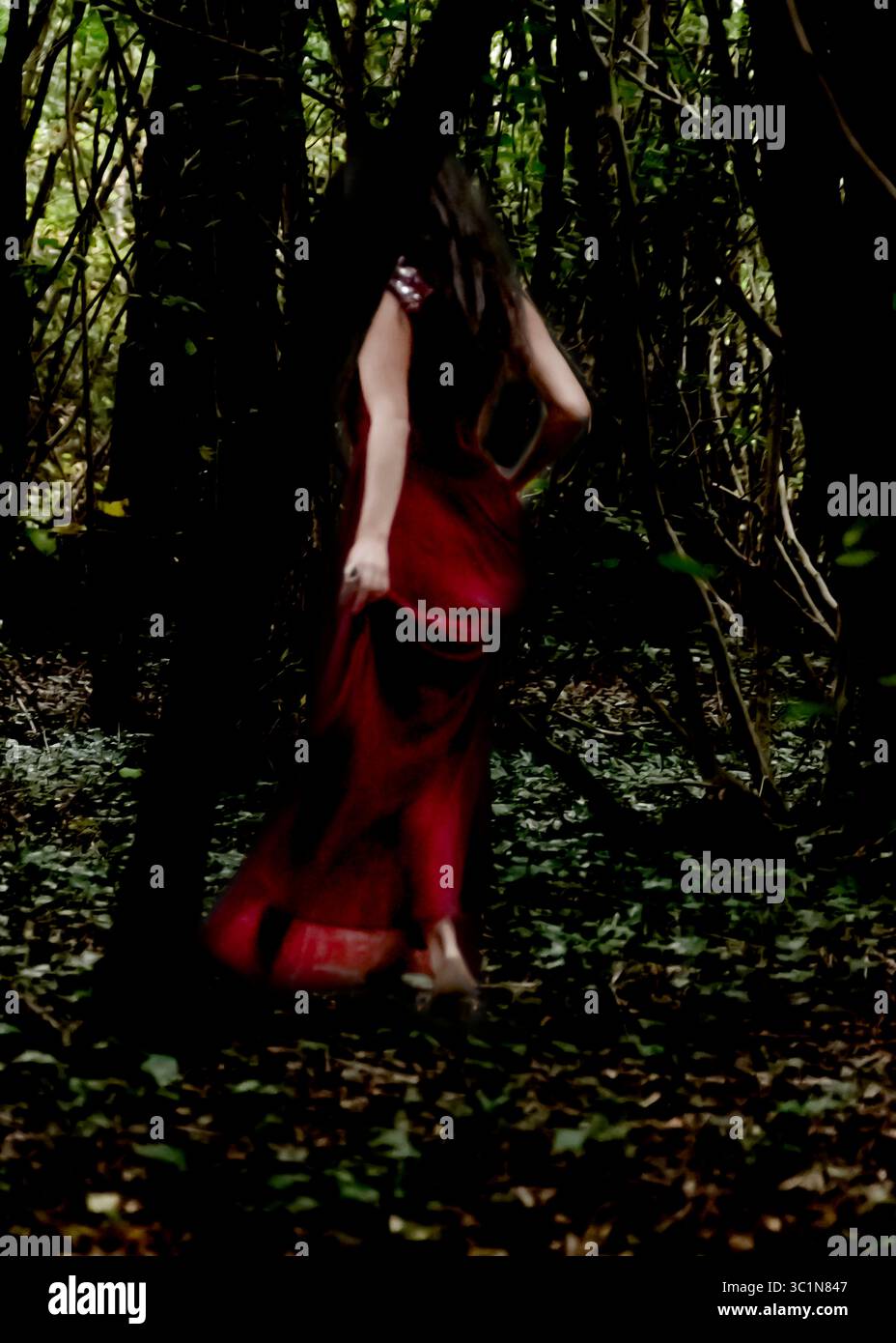 Eine Frau in rotem Kleid läuft durch einen dunklen Wald. Stockfoto