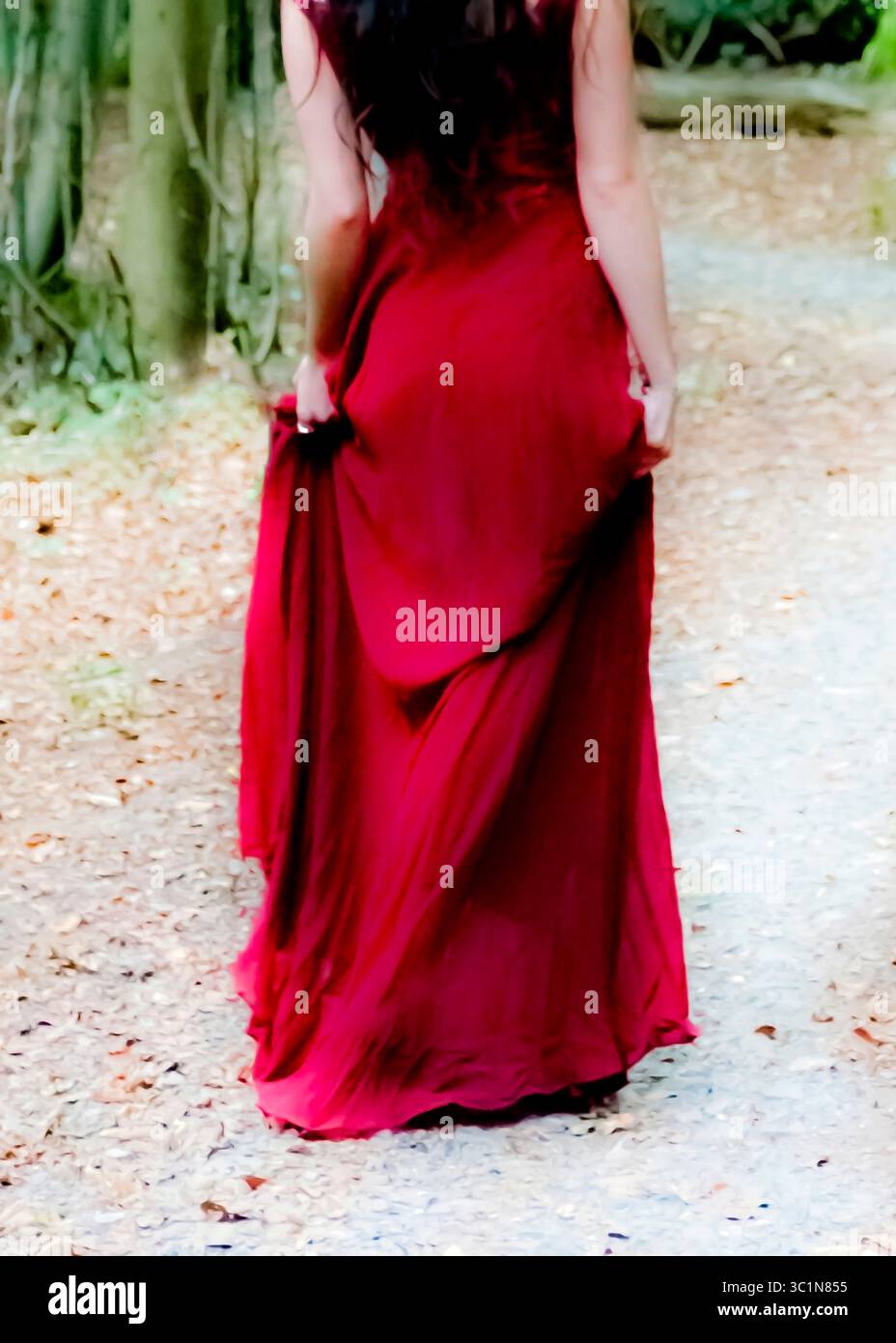 Eine Frau in einem langen roten Kleid geht von der Kamera weg auf einem Weg in einem Wald. Stockfoto