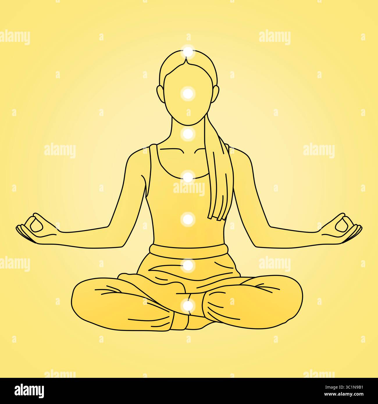 Chakras-Lokalisation im Körper. Silhouette einer Frau in Lotusposition auf gelbem Hintergrund, Illustration Stockfoto