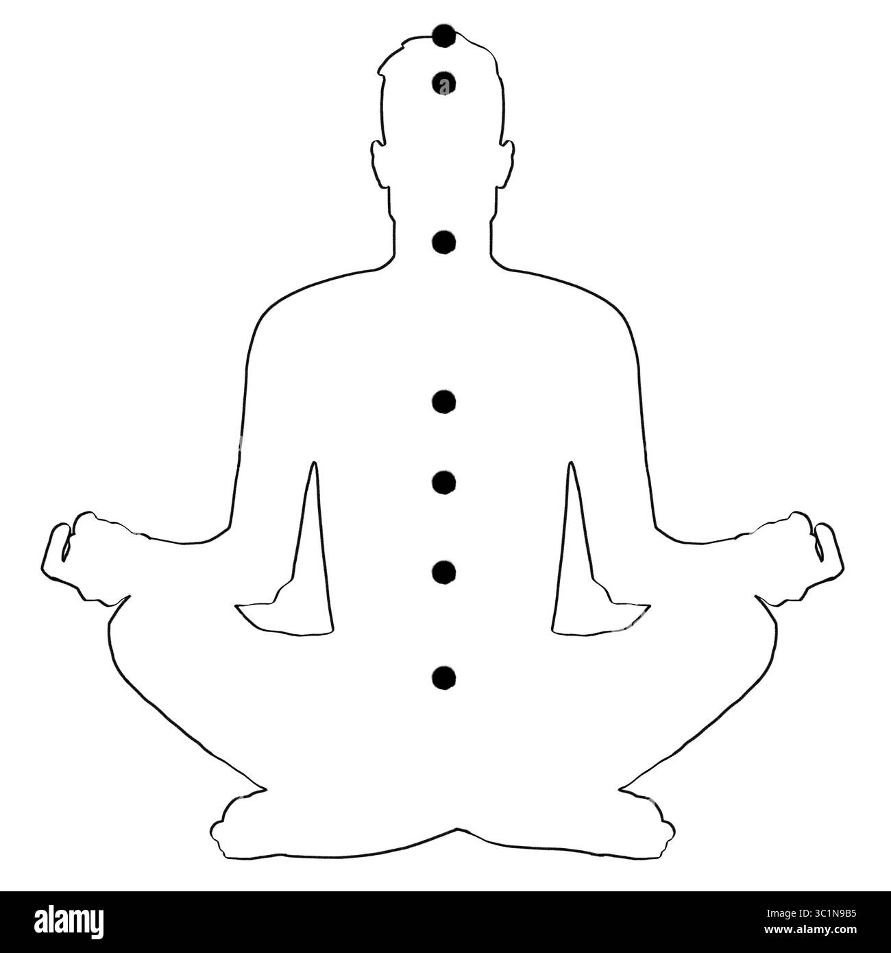 Chakras-Lokalisation im Körper. Silhouette des Mannes in Lotus-Position auf weißem Hintergrund, Illustration Stockfoto