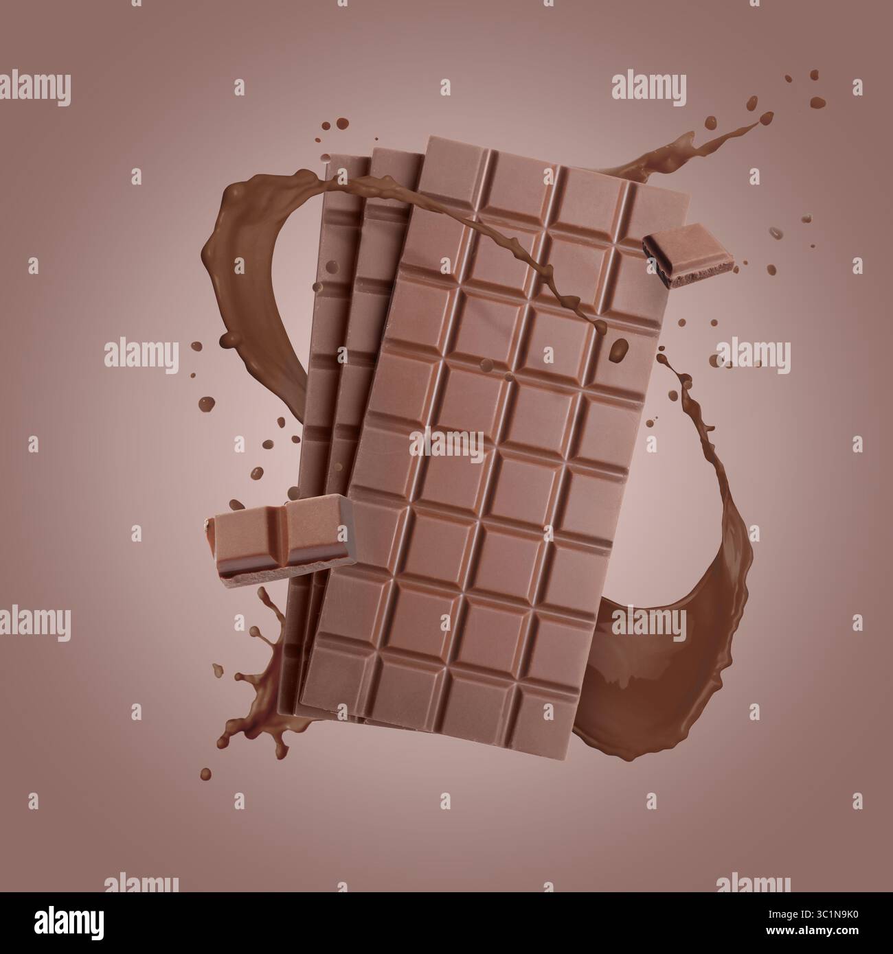 Schokoladentafeln und Kakaogetränk spritzen auf braunem Hintergrund Stockfoto