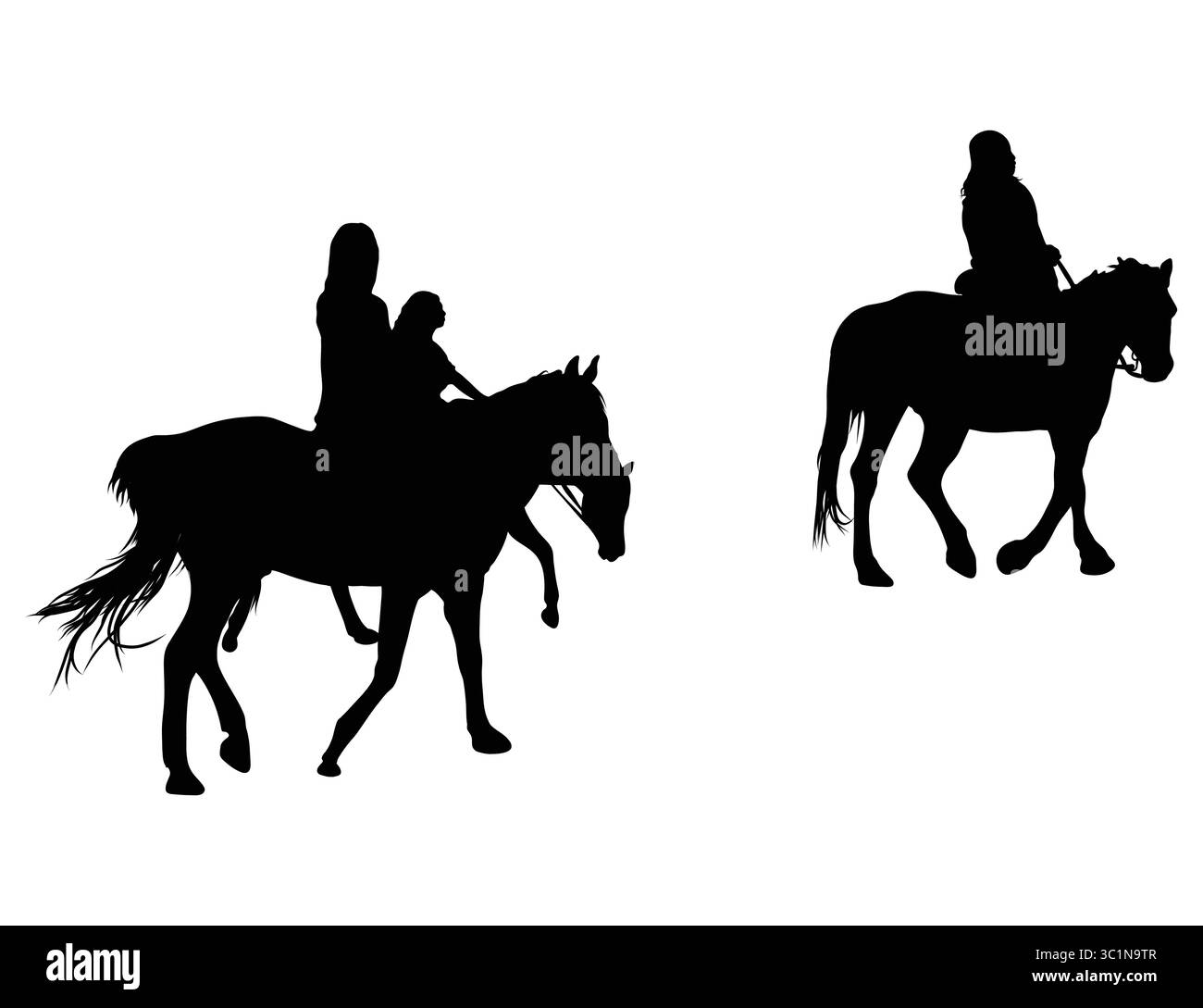 Silhouette von zwei Pferdereitern und Frau mit Kinderreitpferd Stock Vektor