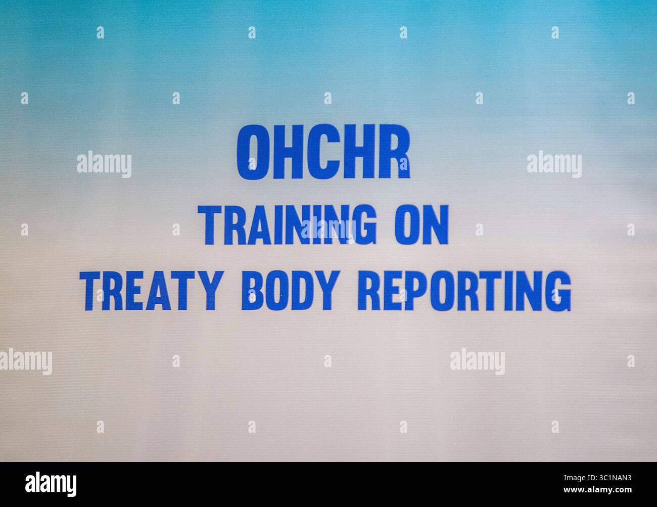 Juli 2025, Genf, Genf, Schweiz: Genf Schweiz, 23.07.2025: Vorstellung des neuen Slogans des OHCR (Amt des Hohen Kommissars der Vereinten Nationen für Menschenrechte) bei der Verbesserung der nationalen Berichterstattung und Umsetzung der Menschenrechte. Pressekonferenz über die Verbesserung der nationalen Berichterstattung und Umsetzung der Menschenrechte in Bezug auf Menschenrechte durch koordiniertes Engagement auf lokaler und regionaler Ebene: Die Rolle der NMIRF (nationale Mechanismen für Umsetzung, Berichterstattung und Follow-up) und fand bei den Vereinten Nationen in Genf statt. (Bild: © Eric Dubost Stockfoto