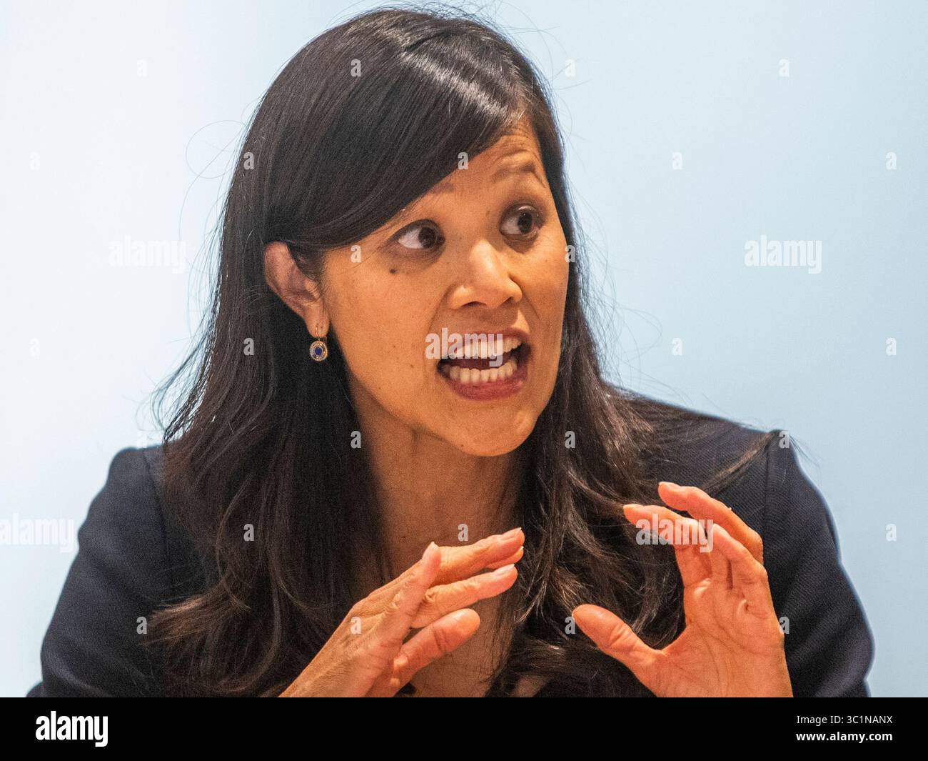 Juli 2025, Genf, Genf, Schweiz: Genf Schweiz, 23.07.2025: ANH THU DUONG, Co-Direktor von Global Cities Hub, stellte sein Unternehmen und seine Menschenrechtsfragen bei der Verbesserung der nationalen Berichterstattung und der Umsetzung der Menschenrechte vor. Pressekonferenz über die Verbesserung der nationalen Berichterstattung und Umsetzung der Menschenrechte in Bezug auf Menschenrechte durch koordiniertes Engagement auf lokaler und regionaler Ebene: Die Rolle der NMIRF (nationale Mechanismen für Umsetzung, Berichterstattung und Follow-up) und fand bei den Vereinten Nationen in Genf statt. (Kreditbild: © Eric Dubost/ZUMA Press Stockfoto