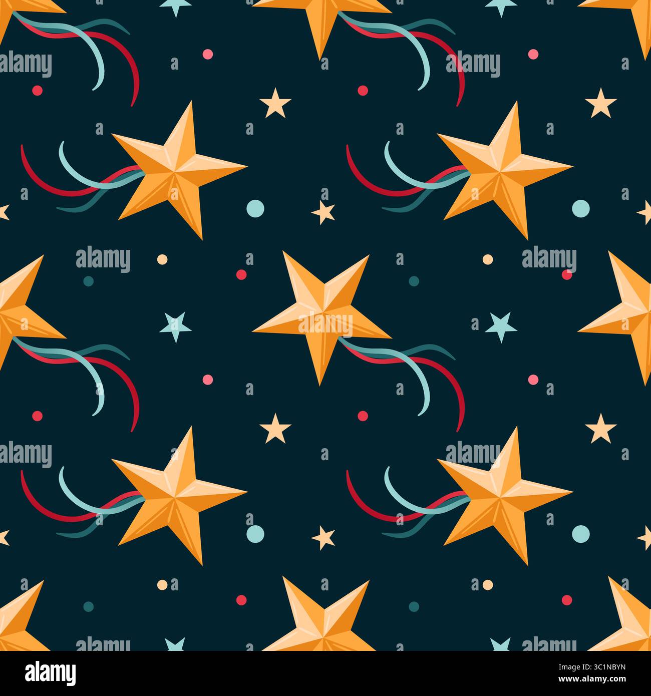 Eine lebendige und verspielte Illustration mit Sternen und skurrilen Elementen vor einem tiefen dunklen Hintergrund Stock Vektor