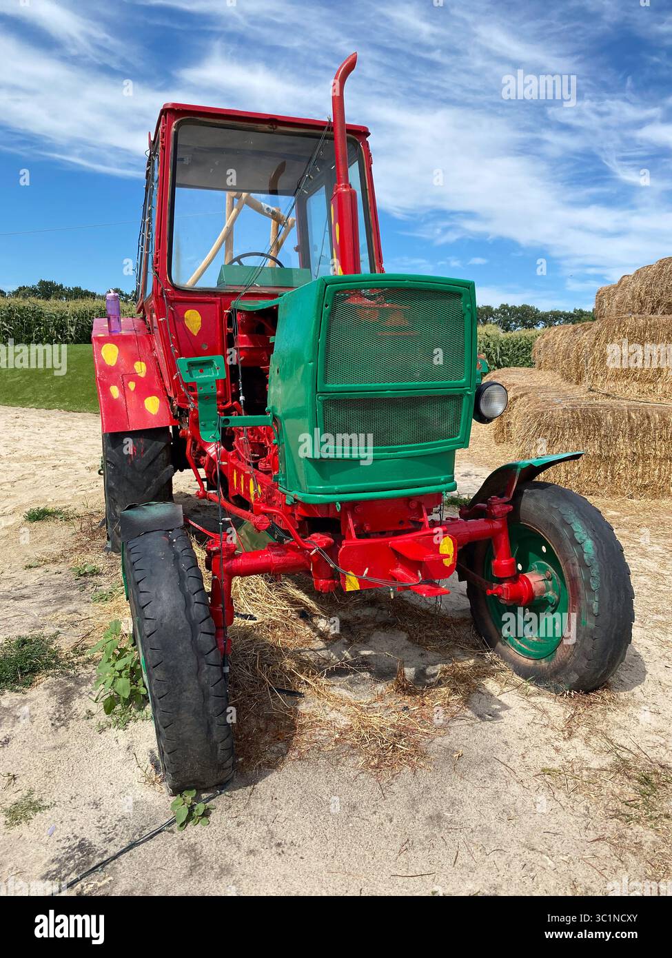 Farbenfroher, fröhlicher Traktor auf dem Feld an einem sonnigen Sommertag. Stockfoto