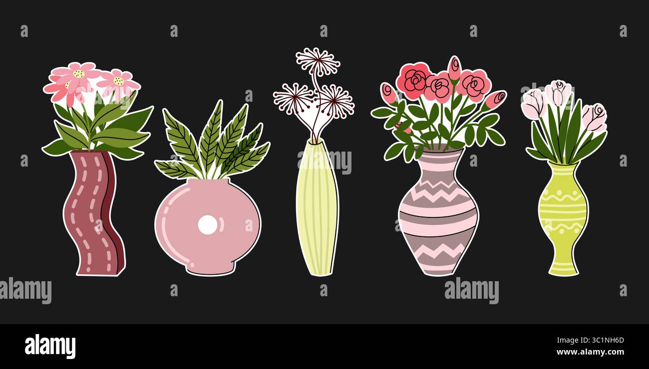 Hand gezeichnete flache Vektor-Illustration mit Satz von Aufklebern, die Vasen mit zarten rosa und roten Blumen und grünen Blättern darstellen Stock Vektor Hand gezeichnete flache Vektor-Illustration mit Satz von Aufklebern, die Vasen mit zarten rosa und roten Blumen und grünen Blättern darstellen Stock Vektor