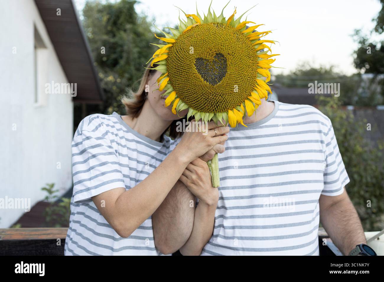 Ein verliebtes Paar, ein Mann und eine Frau in identischen gestreiften T-Shirts, versteckten ihre Gesichter hinter einer großen Sonnenblume mit einem Herzen in der Mitte. Konzept Stockfoto