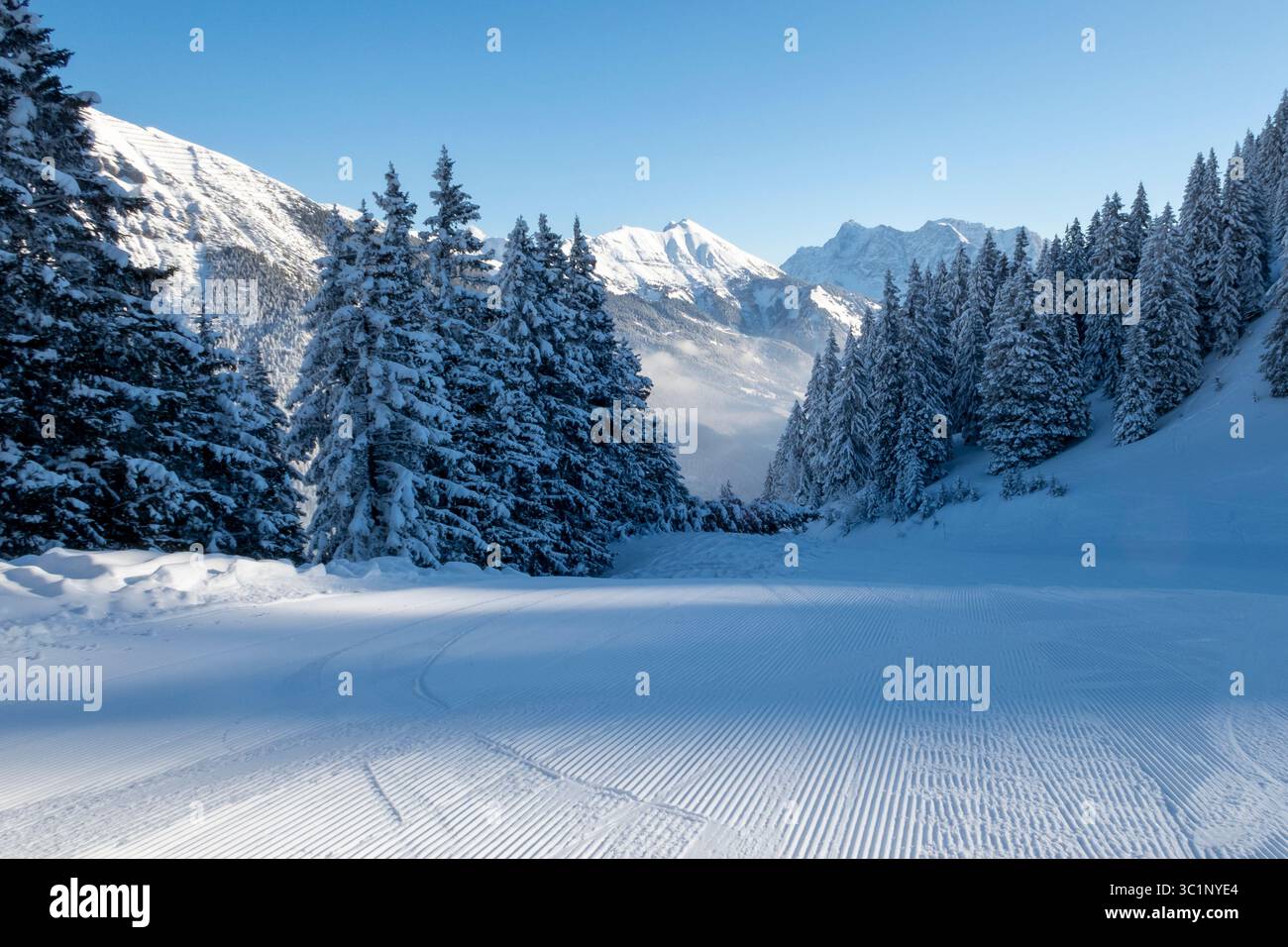 Präparierte Skipiste bei Berwang Bergbahnen HochAlm mit Zugspitze im Hintergrund Stockfoto