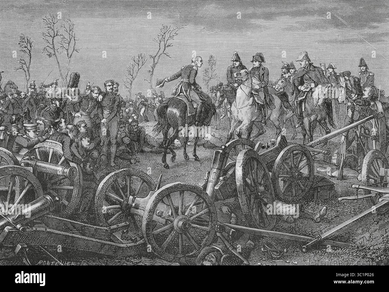 Schlacht von Montmirail (11. Februar 1814). Kampagne Frankreichs. Sechste Koalition. Die Auseinandersetzung zwischen der französischen Armee Napoleons I. gegen die russischen Truppen von General Osten-Sacken (1752–1837) und den preußischen Truppen von General Ludwig Yorck von Wartenburg (1759–1830) endete mit einem französischen Sieg. Zeichnung von Philippoteaux. Stich von Pontenier. "Histoire du Consulat et de l'Empire" (Geschichte des Konsulats und des französischen Reiches unter Napoleon), von A. Thiers. Band IV. Veröffentlicht in Barcelona, 1879. Stockfoto