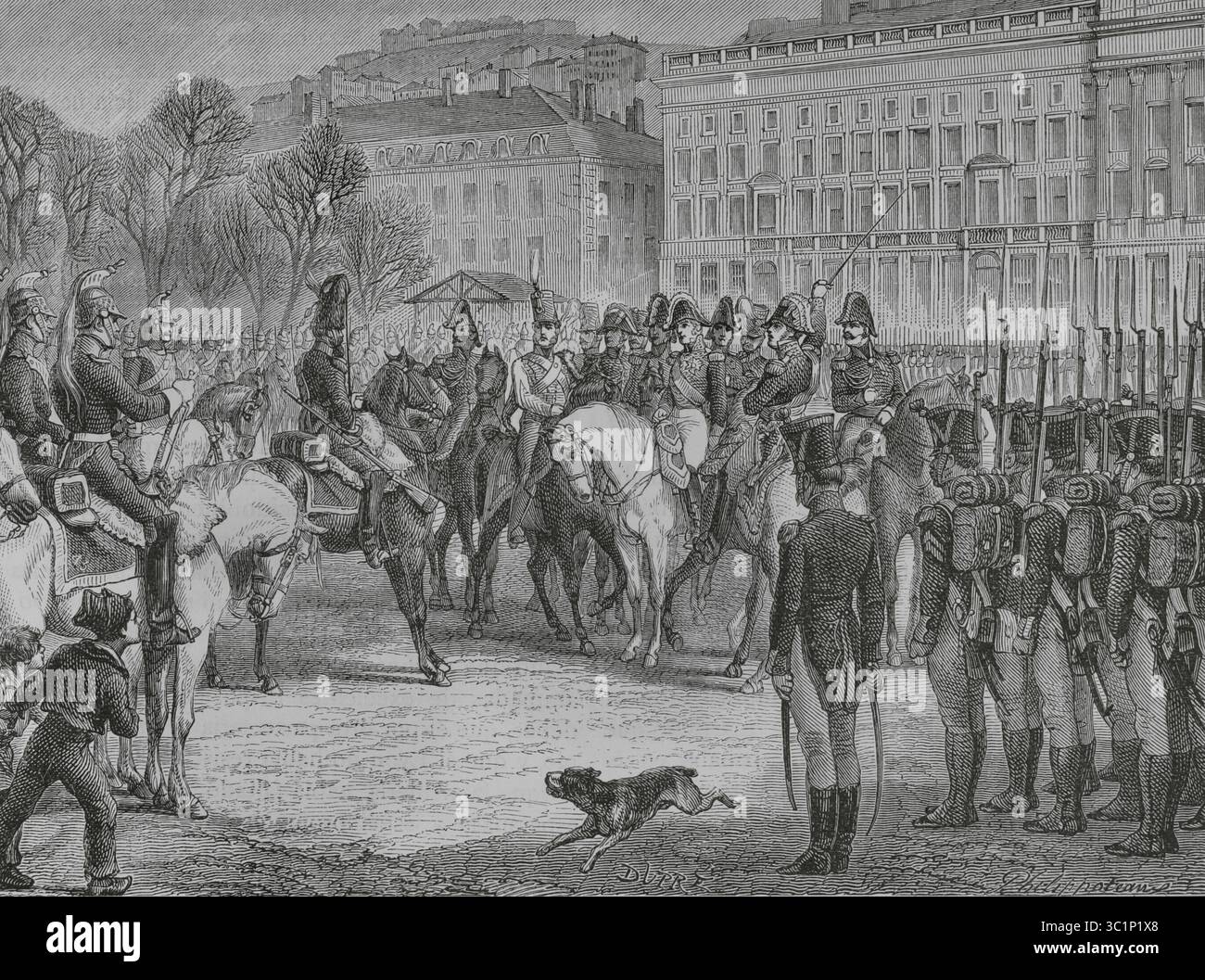 Karl-Philippe, Graf von Artois (1757–1836). König von Frankreich und Navarra (1824–1830) als Karl X. Graf von Artois, Bruder Ludwigs XVIII., besuchte Lyon, um die königlichen Truppen zu überprüfen. Die Soldaten weigerten sich in der Ungewissheit über Napoleons Rückkehr und seine Popularität, den König anzufeuern und vom Grafen überprüft zu werden. Zeichnung von Philippoteaux. Gravur von Dupré. "Histoire du Consulat et de l'Empire" (Geschichte des Konsulats und des französischen Reiches unter Napoleon), von A. Thiers. Band IV. Veröffentlicht in Barcelona, 1879. Stockfoto