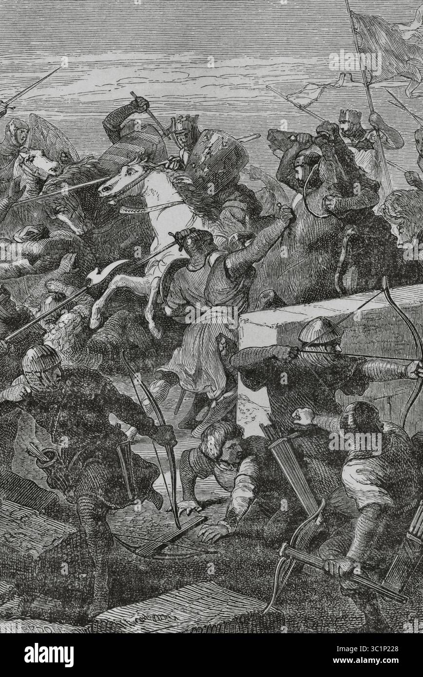 Schlacht von Taillebourg (21-22. Juli 1242). Entschiedenes Engagement während des Saintonge-Krieges. Sie stellte die französische Armee unter König Ludwig IX. (1214–1270) und seinem jüngeren Bruder Alphonse von Poitiers (1220–1271) gegen Truppen unter König Heinrich III. Von England (1207–1272), dessen Bruder Richard von Cornwall (1209–1272) und deren Stiefvater Hugh X. von Lusignan (ca. 1185–1249). Saint Louis in Taillebourg. Kupferstich von Francois Pierdon (1821-1904). Histoire de Paris et de ses Monuments (Geschichte von Paris und ihre Denkmäler), 1895. Autor: Francois Pierdon (1821-1904). Französischer Künstler. Stockfoto