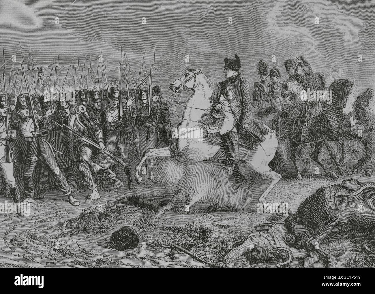 Schlacht von Arcis-sur-Aube (20-21. März 1814). Die französische kaiserliche Armee unter Napoleon wurde von einer viel größeren alliierten Armee unter Karl Philipp, Fürst von Schwarzenberg (1771–1820) besiegt. Eine Granate explodiert unter Napoleons Pferd. Zeichnung von Philippoteaux. Gravur von Barbant. "Histoire du Consulat et de l'Empire" (Geschichte des Konsulats und des französischen Reiches unter Napoleon), von A. Thiers. Band IV. Veröffentlicht in Barcelona, 1879. Stockfoto