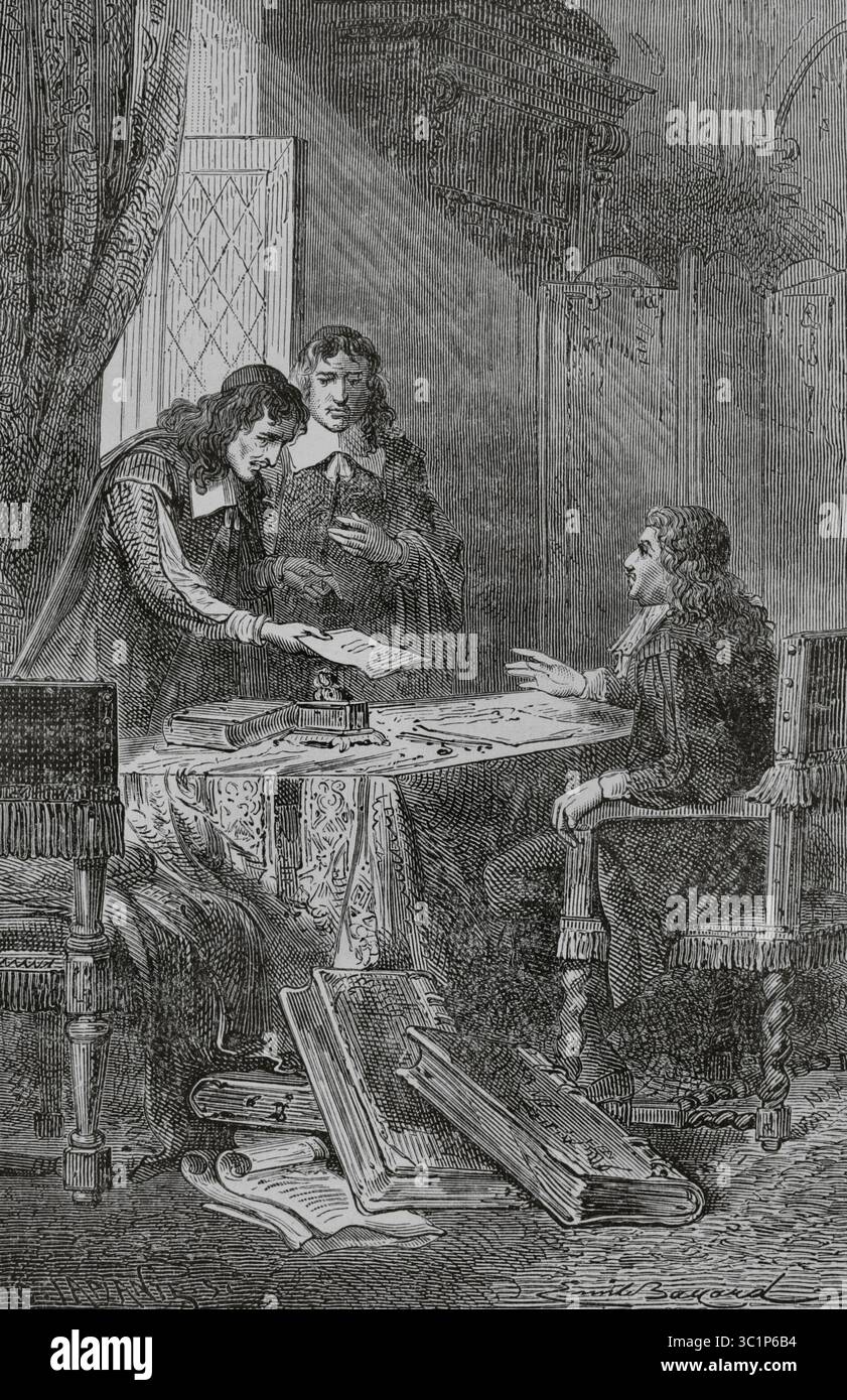 Jean Chapelain (1595–1674), französischer Dichter und Literaturkritiker, und Pierre Costar (1603–1660), französischer Mann der Briefe, präsentieren Jean-Baptiste Colbert (1619–1683) eine Liste von Schriftstellern, die es verdienen, vom König Rentner zu werden. Illustration von Emile Bayard (1837-1891). Stich von Charles Laplante (1837-1903). Histoire de Paris et de ses Monuments (Geschichte von Paris und ihre Denkmäler), 1895. Autor: Emile Bayard (1837-1891). Französischer Illustrator. Charles Laplante (1837-1903) französischer Kupferstecher. Stockfoto