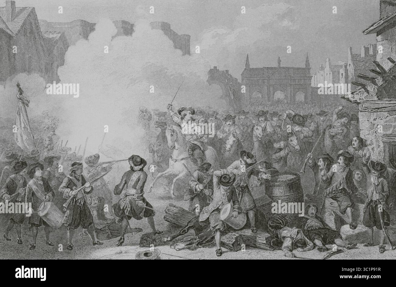 Schlacht von Faubourg Saint Antoine (2. Juli 1652). Die Schlacht, die während der Fronde-Rebellion in Frankreich stattfand. Die königliche Armee unter dem Kommando von Henri de La Tour d’Auvergne, vicomte de Turenne (1611–1675) besiegte die Fronde-Truppen unter der Führung von Ludwig II. De Bourbon, Prinz von Condé (1621–1686). Sie fand in der Faubourg Saint-Antoine statt, einem Viertel nahe der Bastille östlich von Paris. Illustration von Karl Girardet. Druck von Berthiau. Gravur von F. Th. Ruhierre. Histoire de Paris et de ses Monuments (Geschichte von Paris und ihre Denkmäler), 1895. Autor: Karl Girardet (1813-1871). Schweizer Künstler. Francois Stockfoto