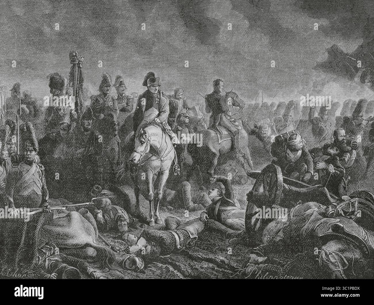 Schlacht von Waterloo. Der Kampf fand am 18. Juni 1815 statt. Napoleon wurde von zwei Armeen der Siebten Koalition besiegt. Waterloo um 23 Uhr: Napoleon auf dem Platz des 1. Regiments der Grenadiere der Garde. Zeichnung von Philippoteaux. Stich von Chapon. "Histoire du Consulat et de l'Empire" (Geschichte des Konsulats und des französischen Reiches unter Napoleon), von A. Thiers. Band IV. Veröffentlicht in Barcelona, 1879. Stockfoto