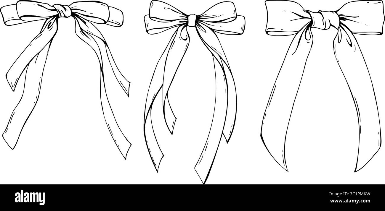 Set aus großer, dünner Schleifenkokette mit langen Schwänzen aus Satin- und Seidenbändern. Handgezeichnete Illustration in schwarzer Tinte mit Strichgrafik. Für Frauen Stock Vektor