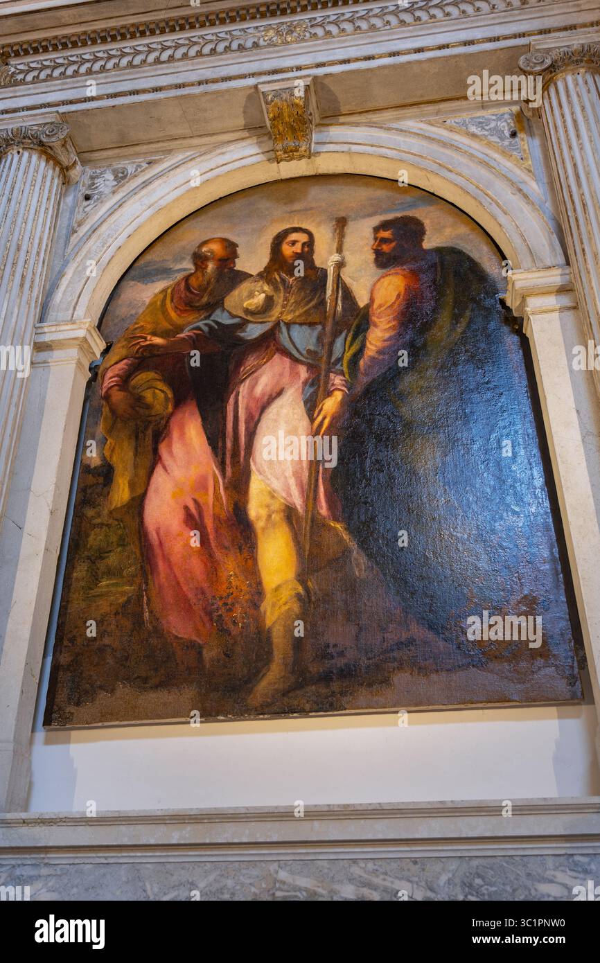 Christus und zwei Jünger auf dem Weg nach Emmaus Gemälde von 1557 von Andrea Meldolla Schiavone in der Pellegrini-Kapelle in der Kirche St. Sebastian-Chi Stockfoto
