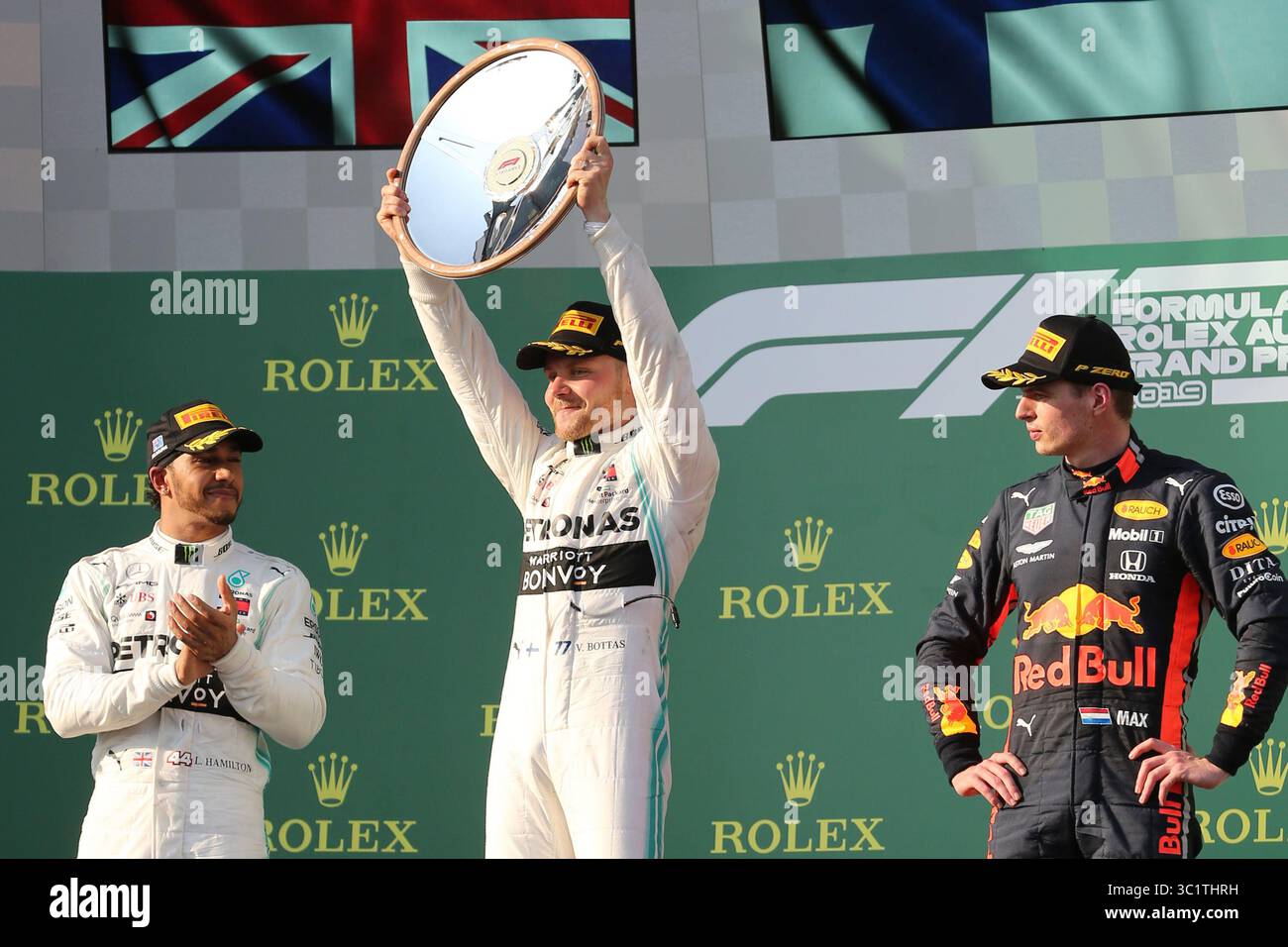 17. März 2019 – VALTTERI BOTTAS feiert auf dem Podium nach dem 1. Platz beim Formel 1 Grand Prix von Australien 2019 am 17. März 2019 in Melbourne, Australien (Foto: © Christopher Khoury/Australian Press Agency via ZUMA Wire) Stockfoto