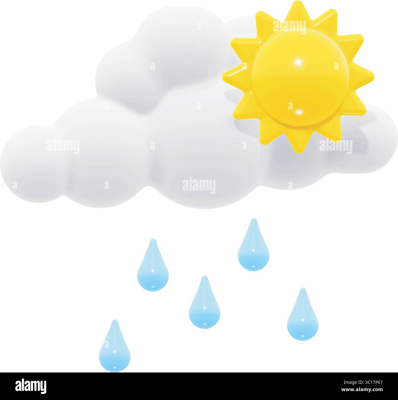 Ein verspieltes 3D-Vektor-Symbol, das flauschige weiße Wolken, eine glänzende gelbe Sonne und weiche blaue Regentropfen im Hochglanz-Cartoon-Stil zeigt. Stock Vektor