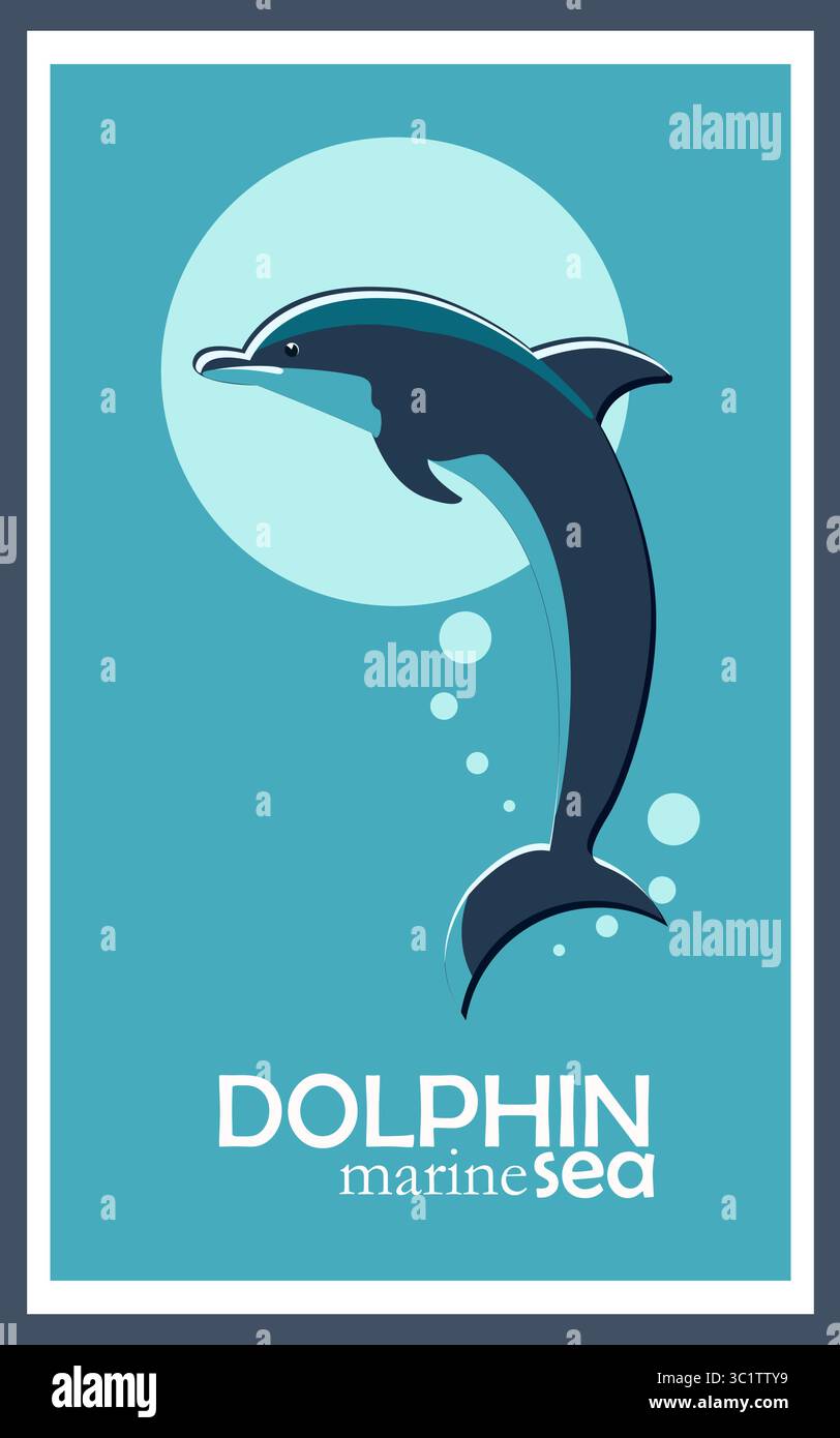 Dolphin-Poster, flache Illustration in Meeresfarben Vektor Stock Vektor
