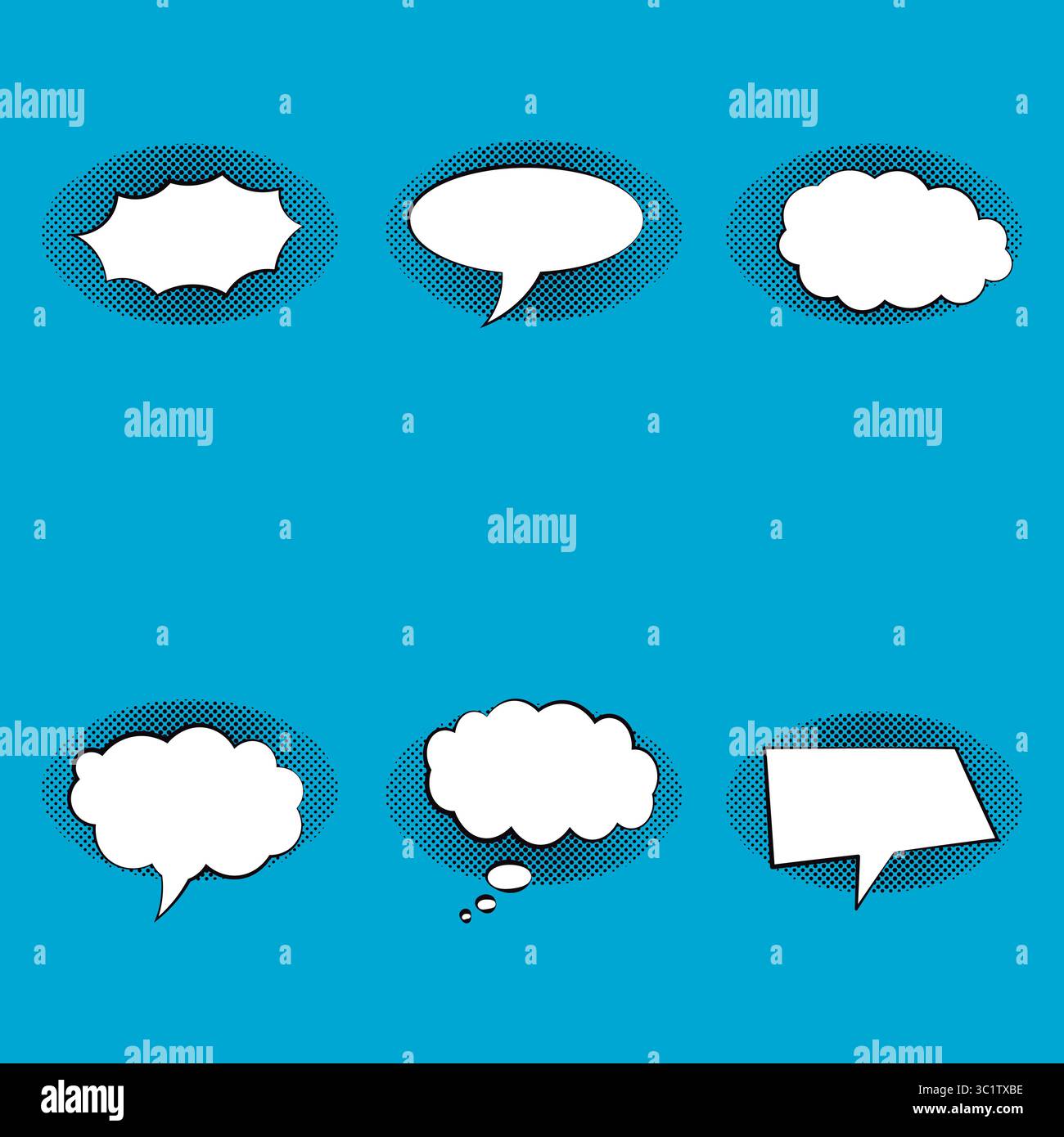 Comic-Buch-Sprach- und Gedankenblasen auf blauem Halbton-Hintergrund. Stock Vektor