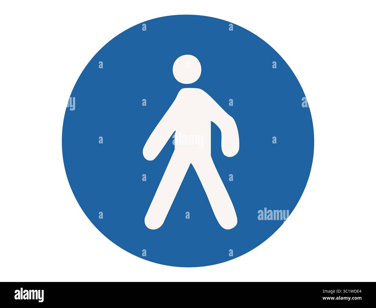 Blaues kreisförmiges Fußgängerschild mit weißer Gehfigur, isoliert auf blauem Hintergrund. Verkehrszeichen, Fußgängersicherheit, Straßenbeschilderung, öffentliche Verkehrsmittel, Symbol. Stock Vektor