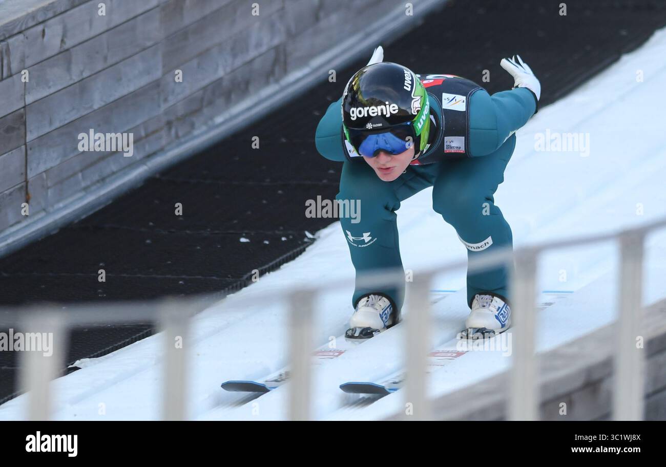22. März 2019 - Planica, Slowenien - Domen Prevc aus Slowenien in Aktion während der Trialrunde des FIS Skisprung World Cup Flying Hill Einzelwettbewerbs in Planica. (Kreditbild: © Milos Vujinovic/SOPA Bilder via ZUMA Wire) Stockfoto