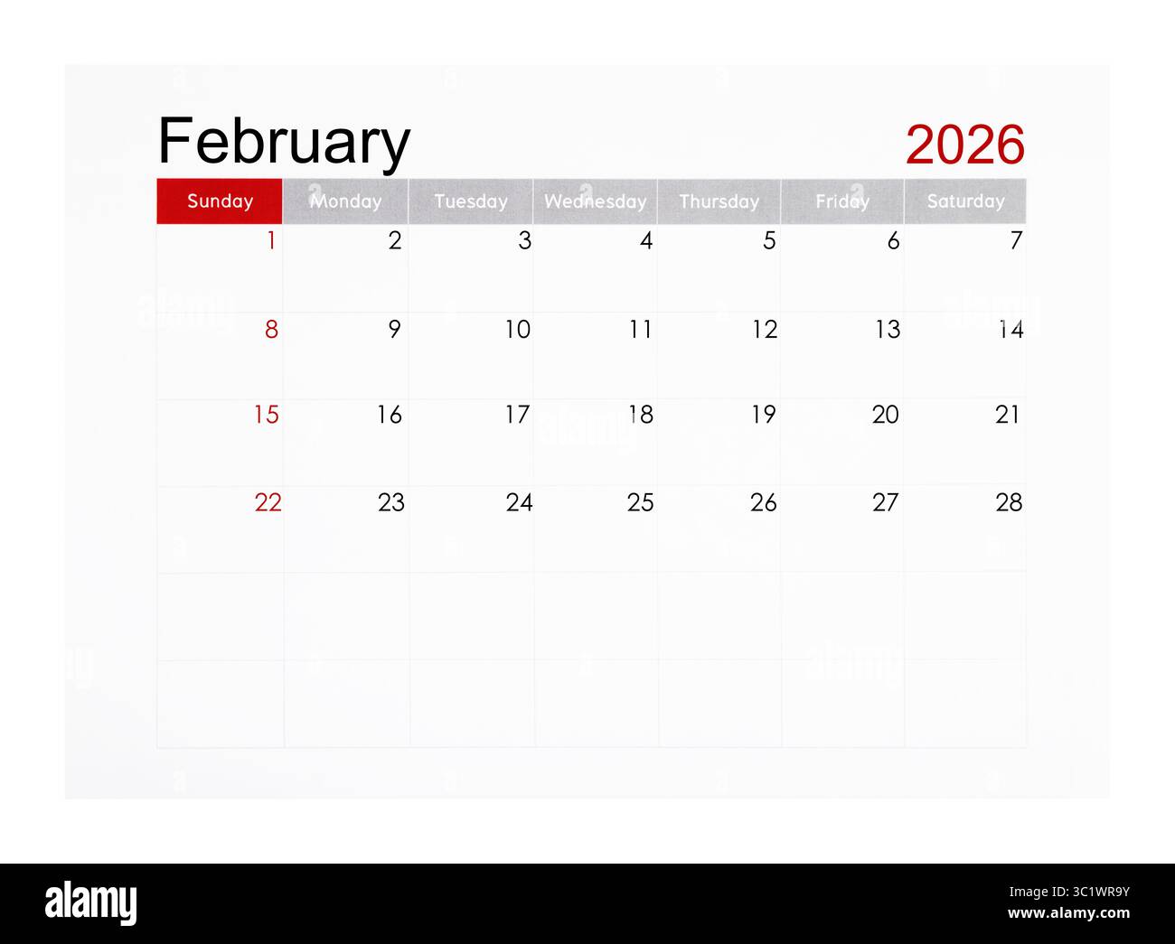 Februar 2026 Monatskalenderseite isoliert auf weißem Hintergrund. Stockfoto