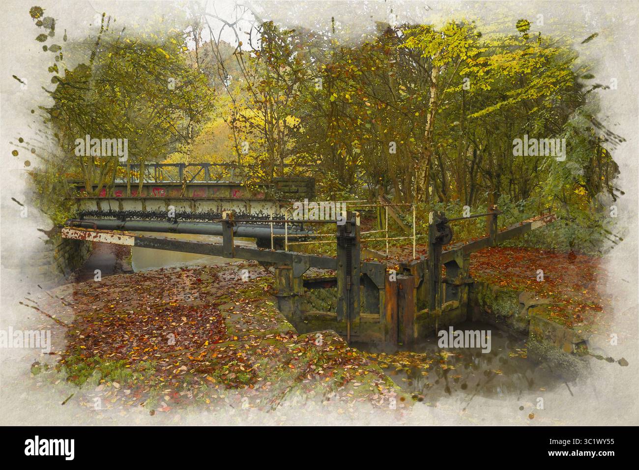 Caldon Canal Waterway digitale Aquarellmalerei einer Schleuse an der Brücke 25 im Herbst in Stockton Brook, England, Großbritannien. Stockfoto