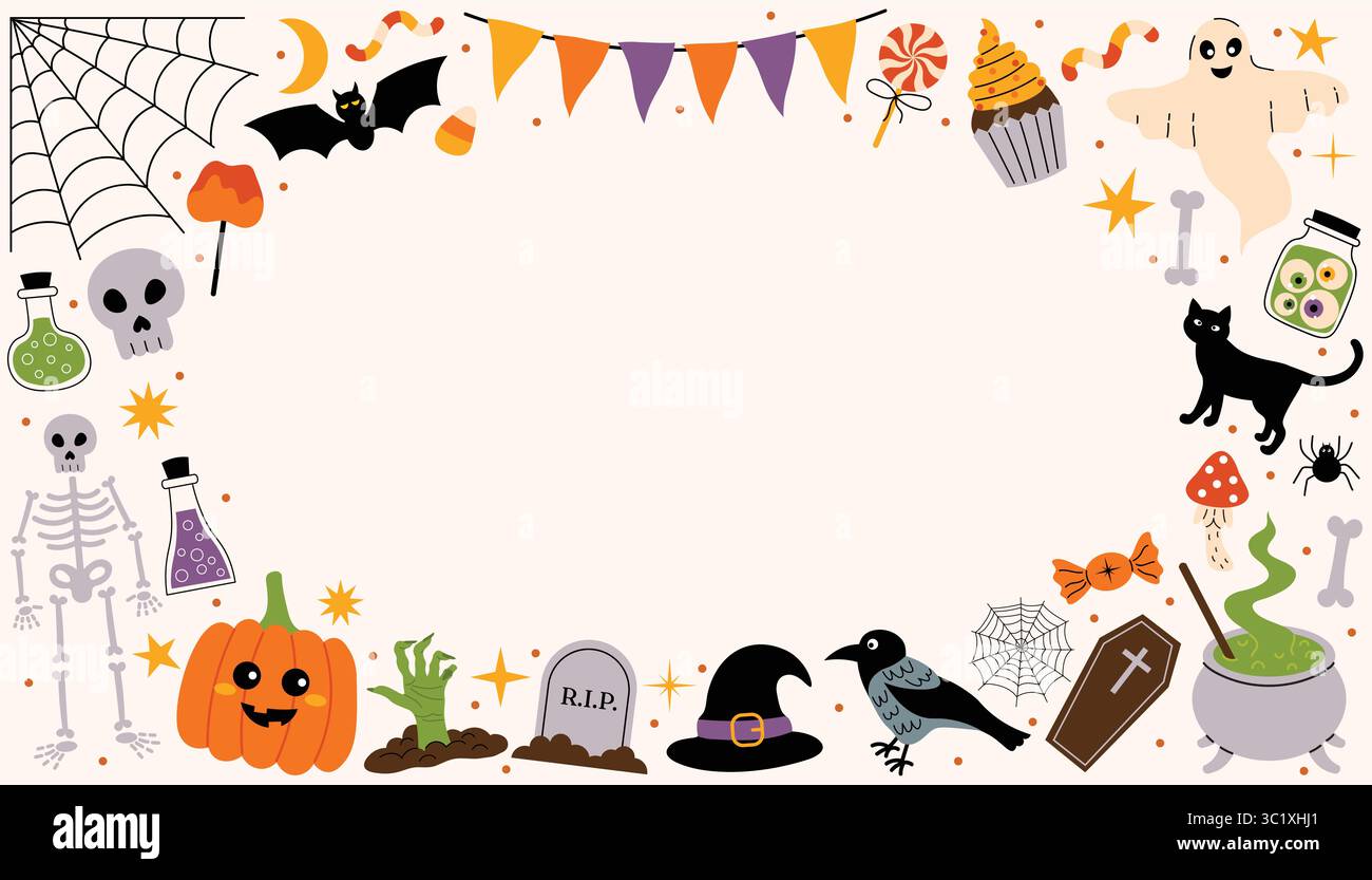Niedlicher Happy Halloween horizontaler Rahmen mit Spinnennetz, Skelett, Kürbislaterne, Süßigkeiten, Flatting, schwarze Katze und mehr auf weißem Hintergrund in flachem Auto Stock Vektor
