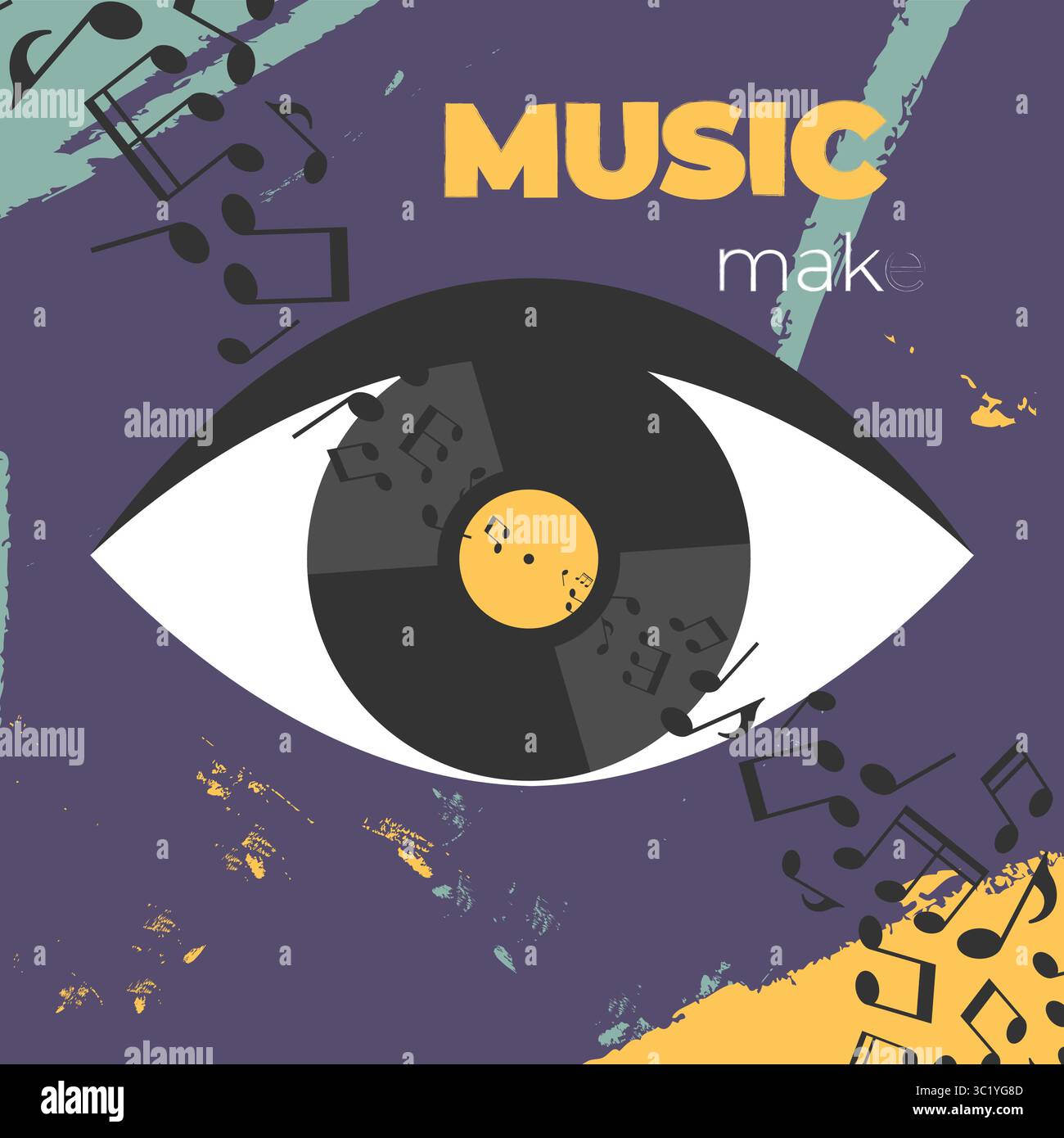 Vektormusik-Poster mit einer Schallplatte in menschlichem Auge und Notizen. Inspirierendes Zitat Musik macht Gefühle sichtbar Stock Vektor