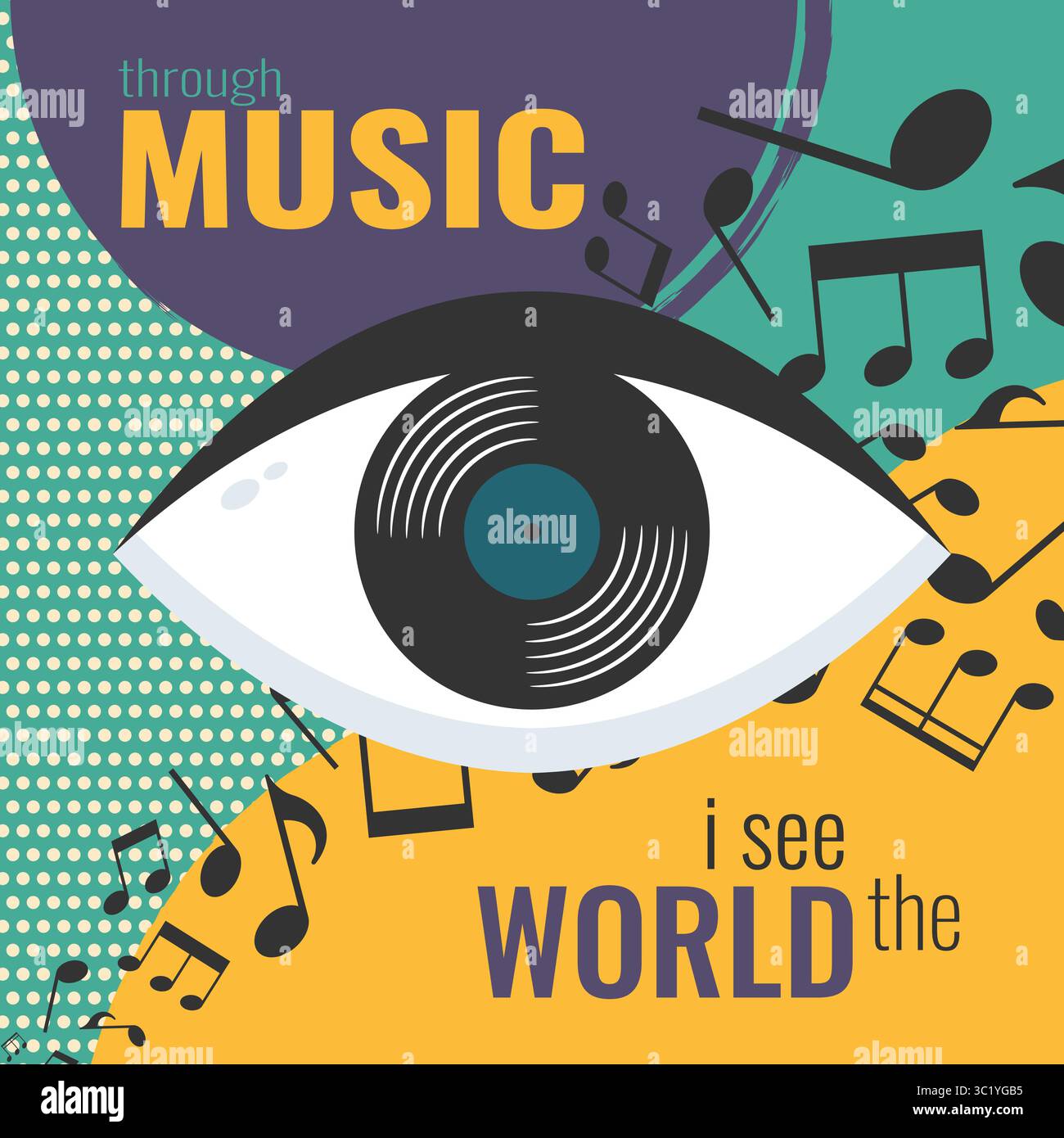 Vektormusik-Poster mit einer Schallplatte im menschlichen Auge. Inspirierendes Zitat durch Musik Ich sehe die Welt Stock Vektor